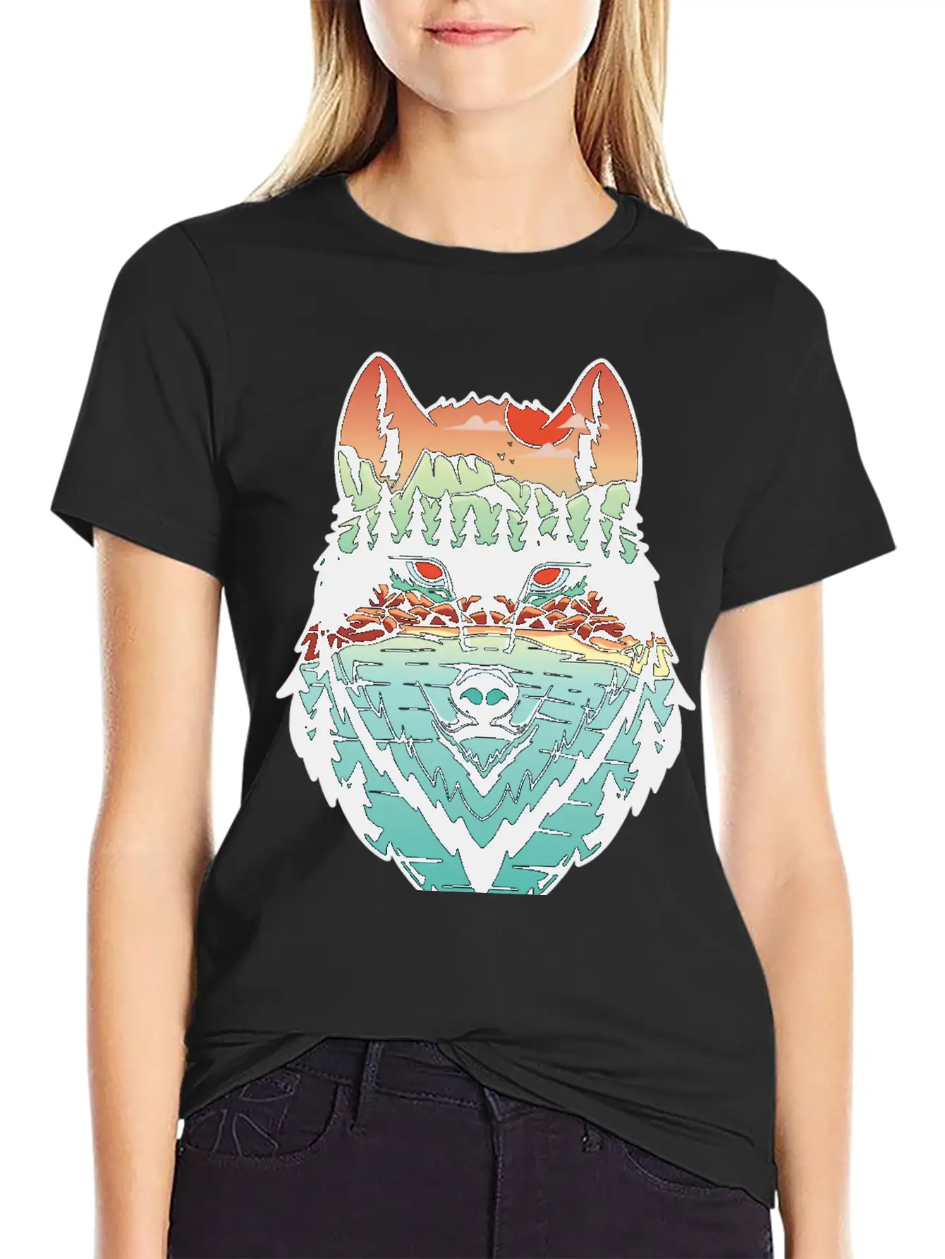 Nature Landscape Wolf Silhouette Unisex Short Sleeve Soft Cotton T-Shirt – Casual Everyday Wear