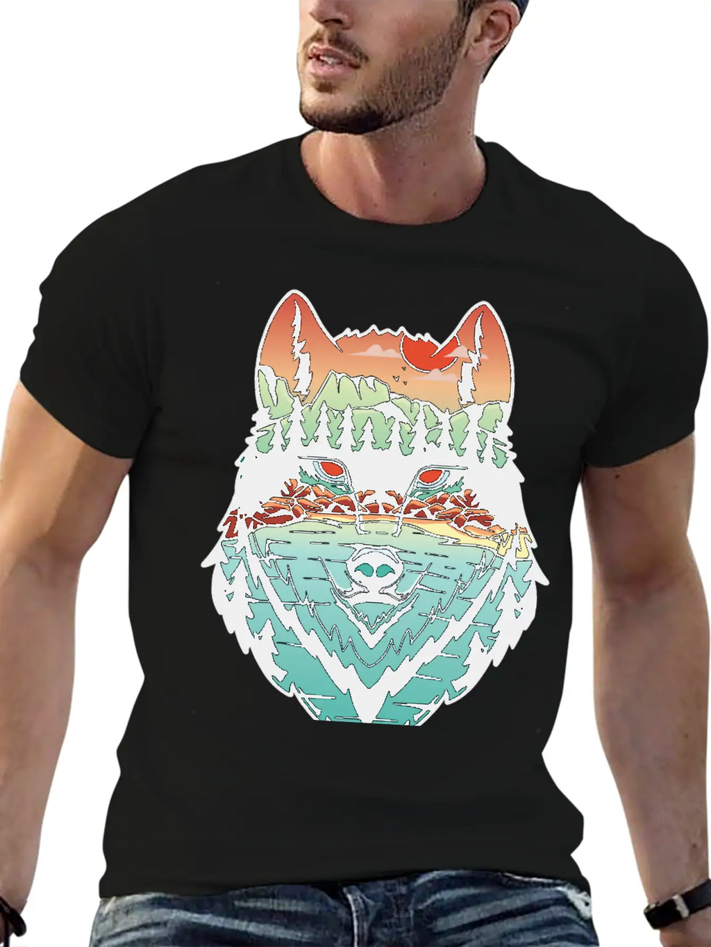 Nature Landscape Wolf Silhouette Unisex Short Sleeve Soft Cotton T-Shirt – Casual Everyday Wear