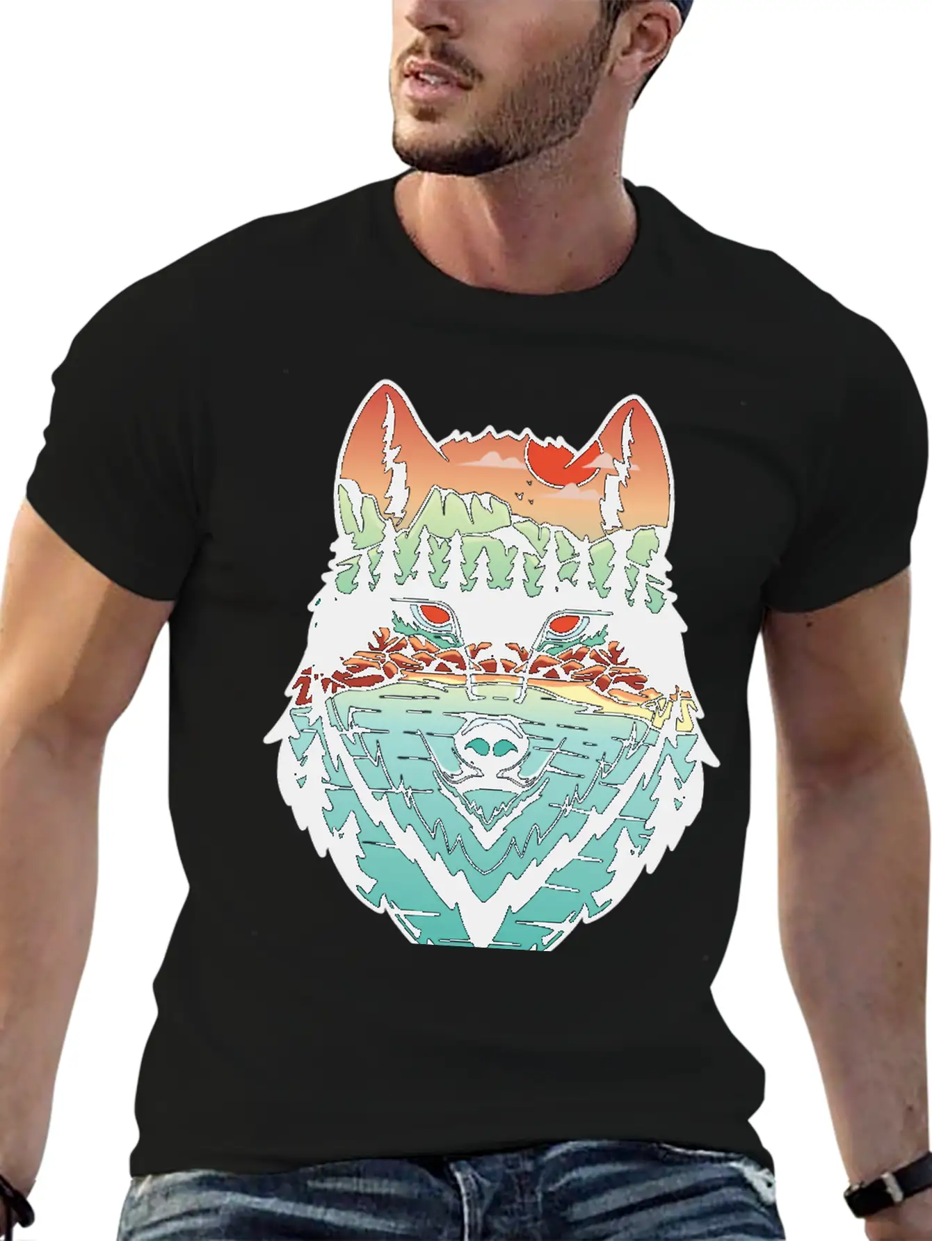 Nature Landscape Wolf Silhouette Unisex Short Sleeve Soft Cotton T-Shirt – Casual Everyday Wear