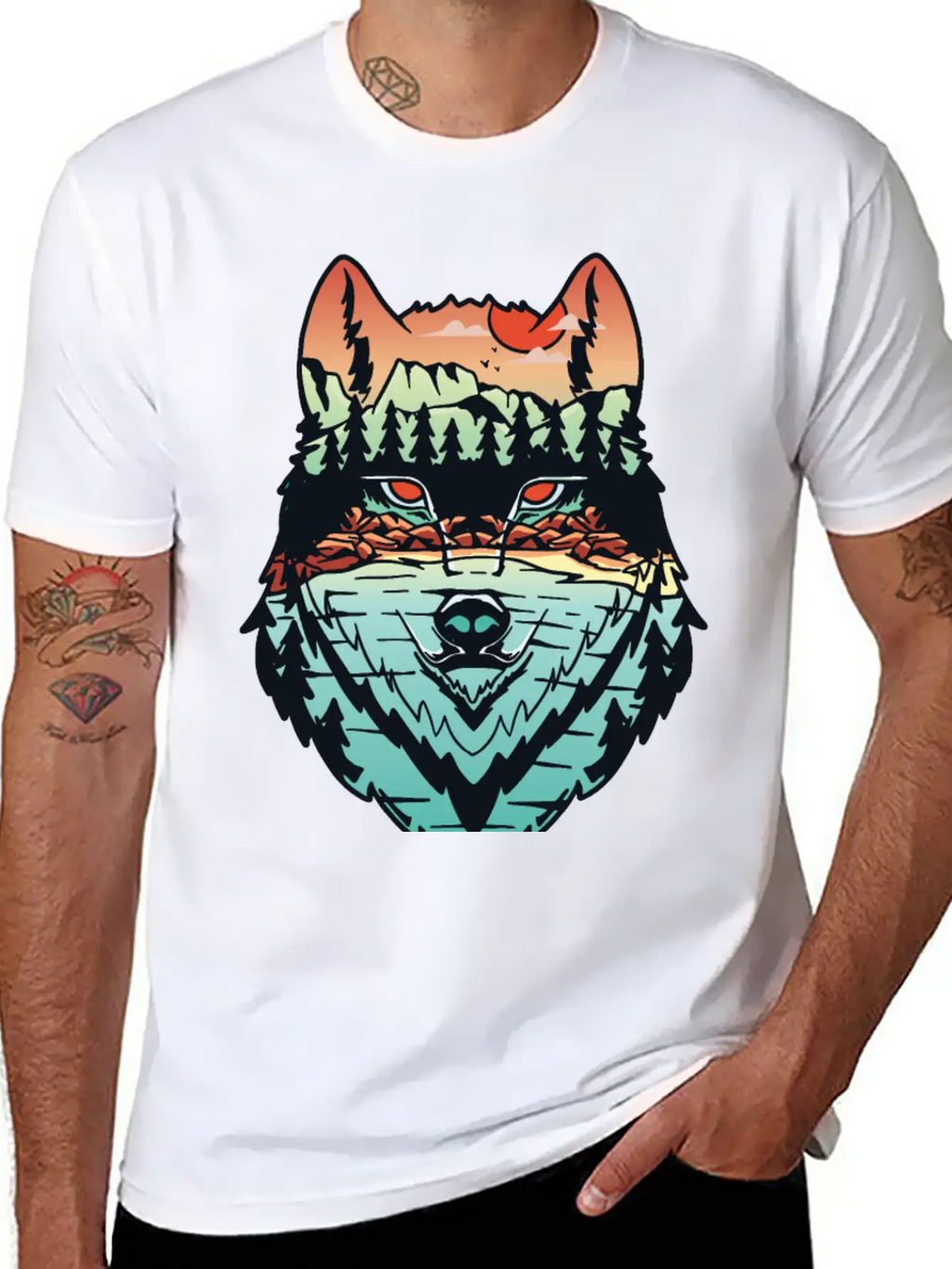 Nature Landscape Wolf Silhouette Unisex Short Sleeve Soft Cotton T-Shirt – Casual Everyday Wear