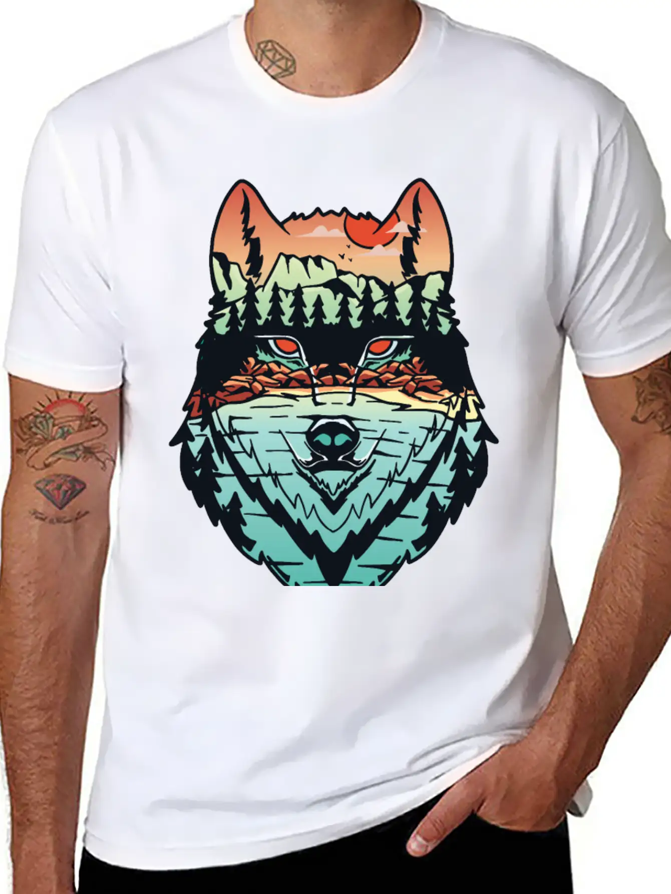 Nature Landscape Wolf Silhouette Unisex Short Sleeve Soft Cotton T-Shirt – Casual Everyday Wear