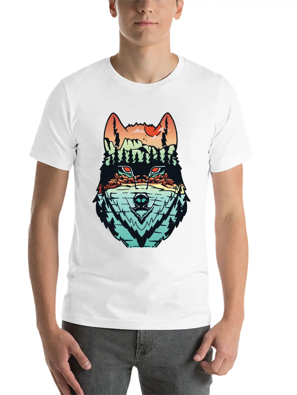 Nature Landscape Wolf Silhouette Unisex Short Sleeve Soft Cotton T-Shirt – Casual Everyday Wear