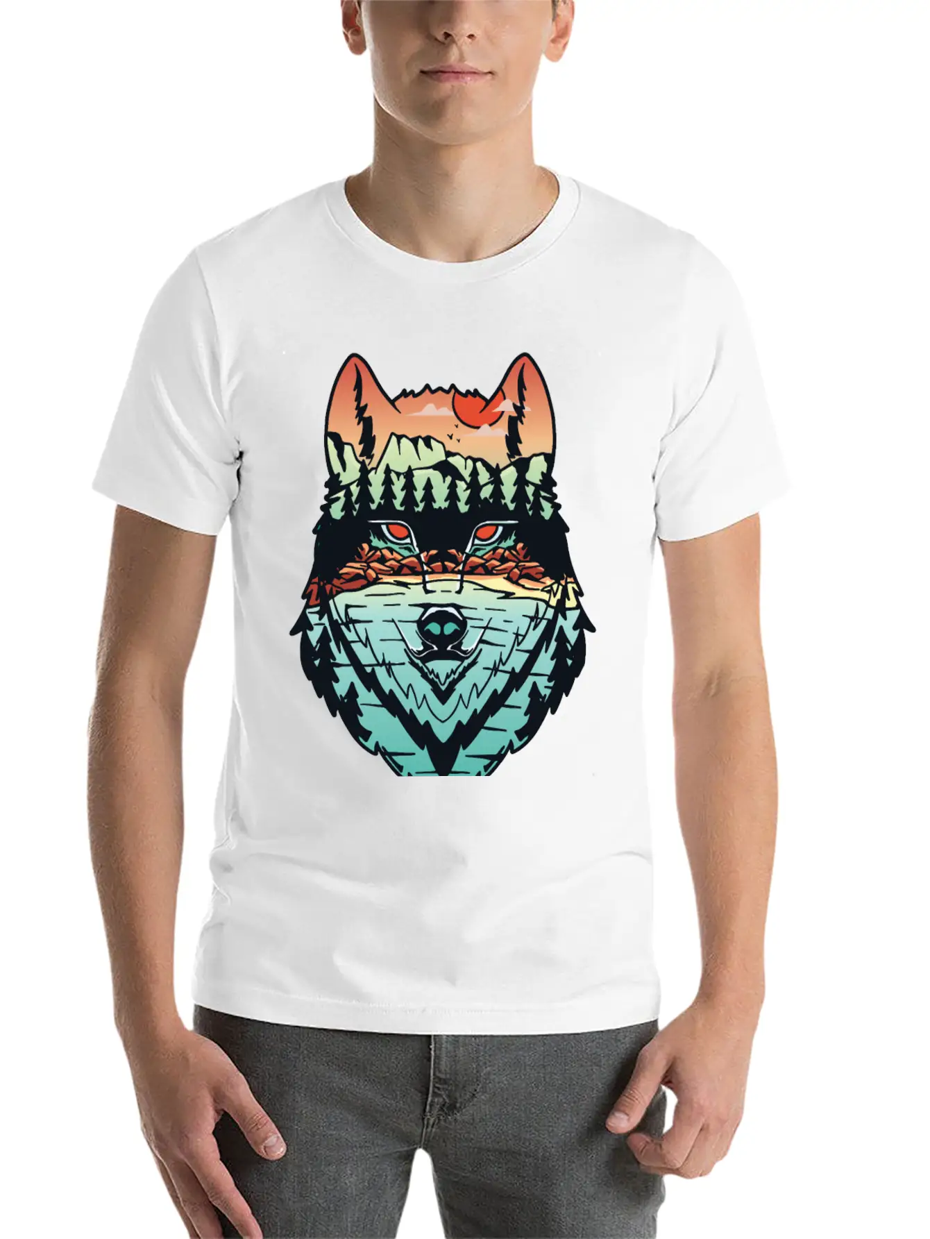Nature Landscape Wolf Silhouette Unisex Short Sleeve Soft Cotton T-Shirt – Casual Everyday Wear