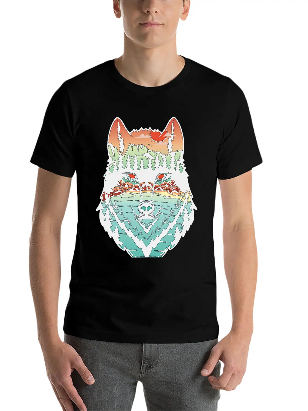 Nature Landscape Wolf Silhouette Unisex Short Sleeve Soft Cotton T-Shirt – Casual Everyday Wear