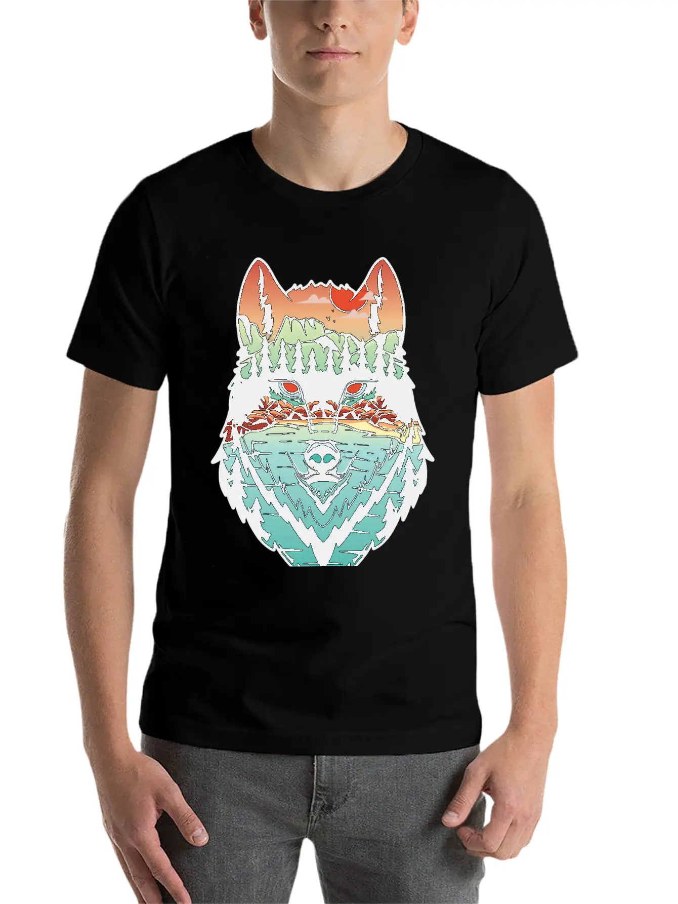 Nature Landscape Wolf Silhouette Unisex Short Sleeve Soft Cotton T-Shirt – Casual Everyday Wear