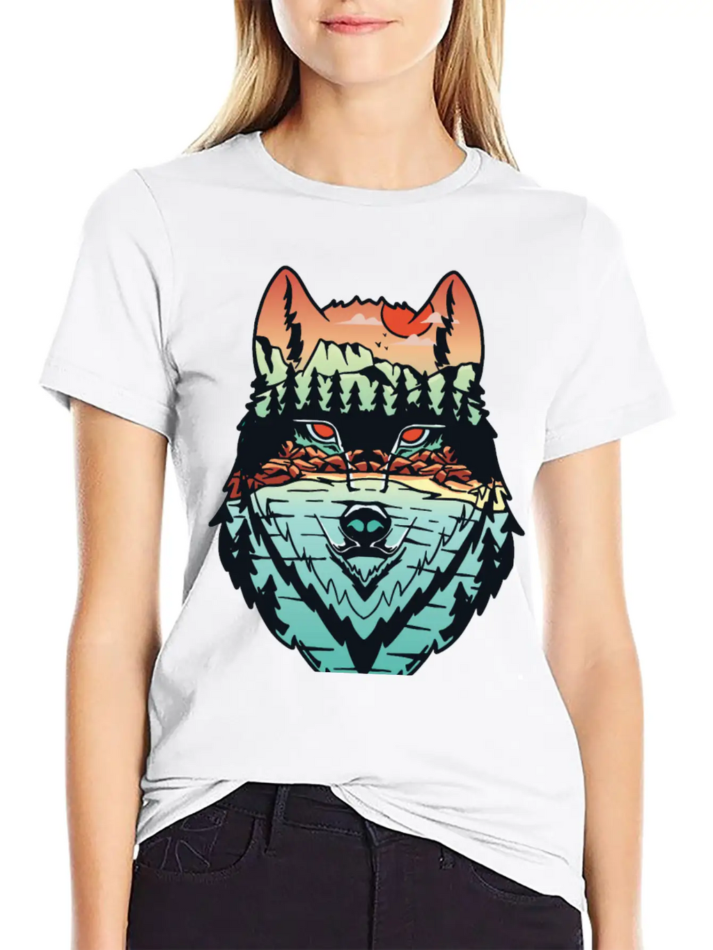 Nature Landscape Wolf Silhouette Unisex Short Sleeve Soft Cotton T-Shirt – Casual Everyday Wear