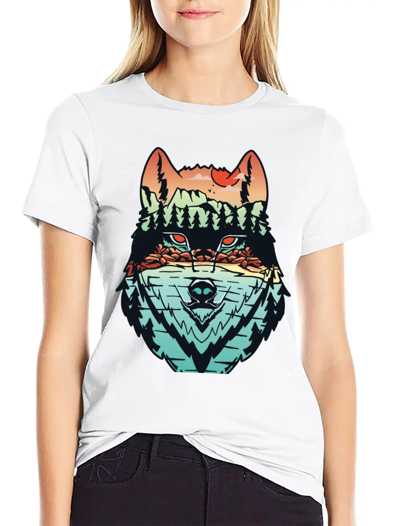 Nature Landscape Wolf Silhouette Unisex Short Sleeve Soft Cotton T-Shirt – Casual Everyday Wear