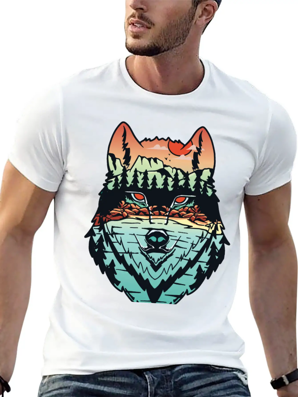Nature Landscape Wolf Silhouette Unisex Short Sleeve Soft Cotton T-Shirt – Casual Everyday Wear