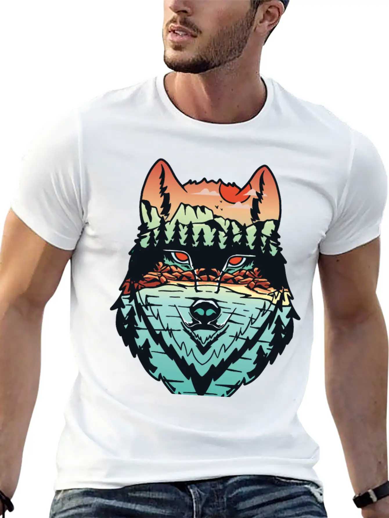 Nature Landscape Wolf Silhouette Unisex Short Sleeve Soft Cotton T-Shirt – Casual Everyday Wear