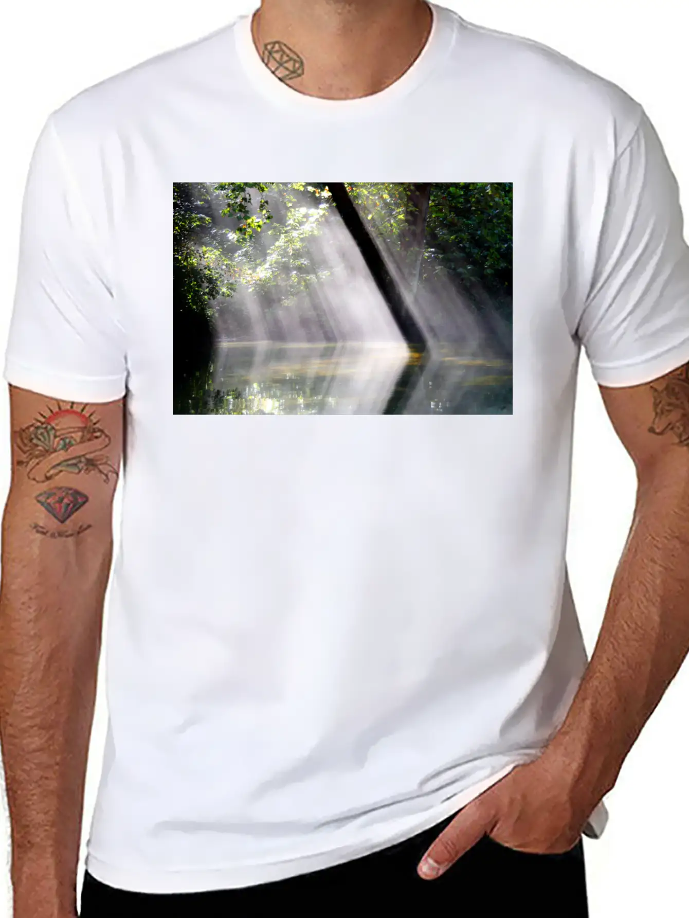 NatureScapes-Shadows Of Dawn On The Current River Stylish Everyday T-Shirt – Unisex Basic Cotton Tee