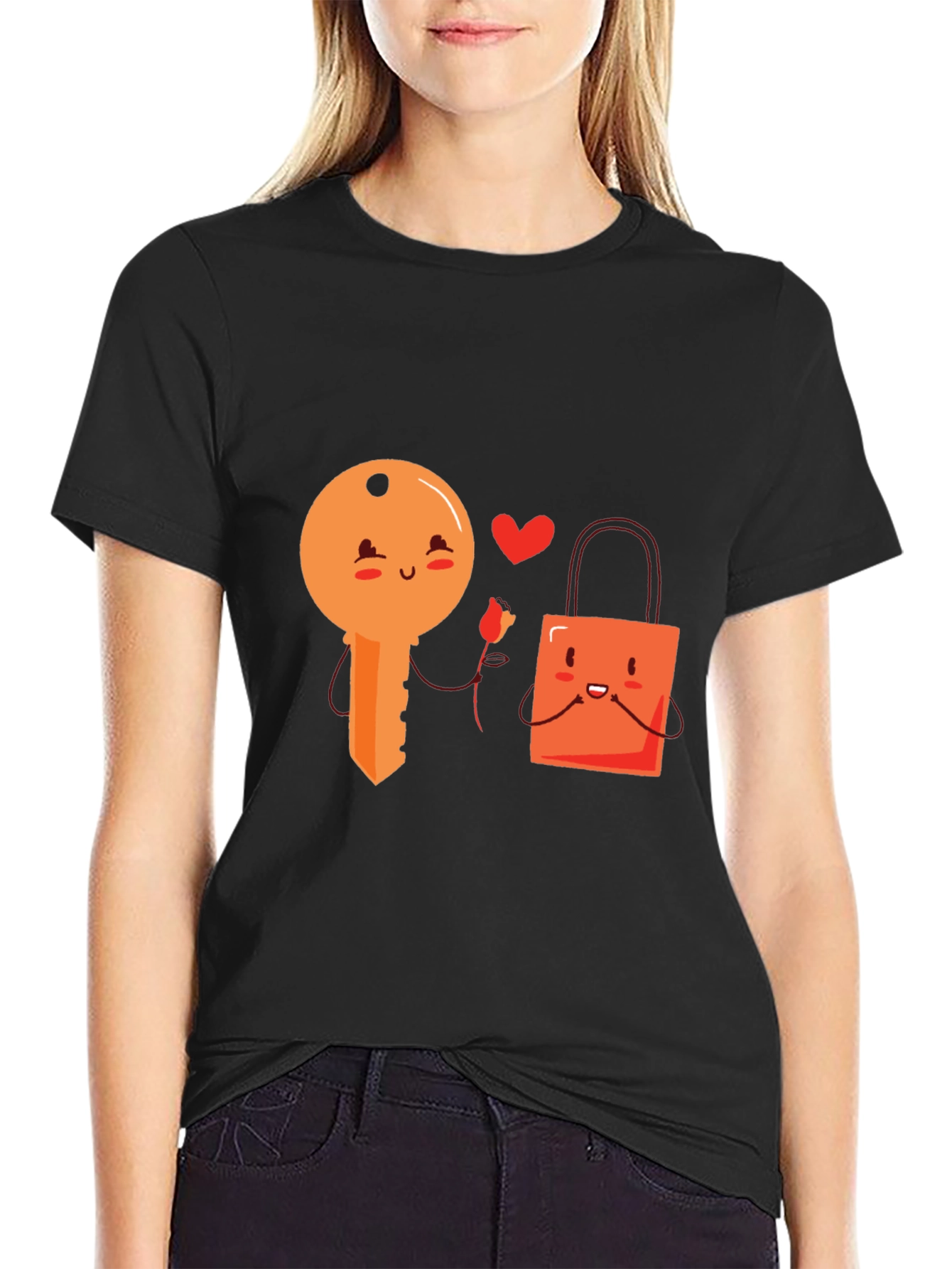 Cute Key and Lock Kawaii Cartoon Black T-Shirt