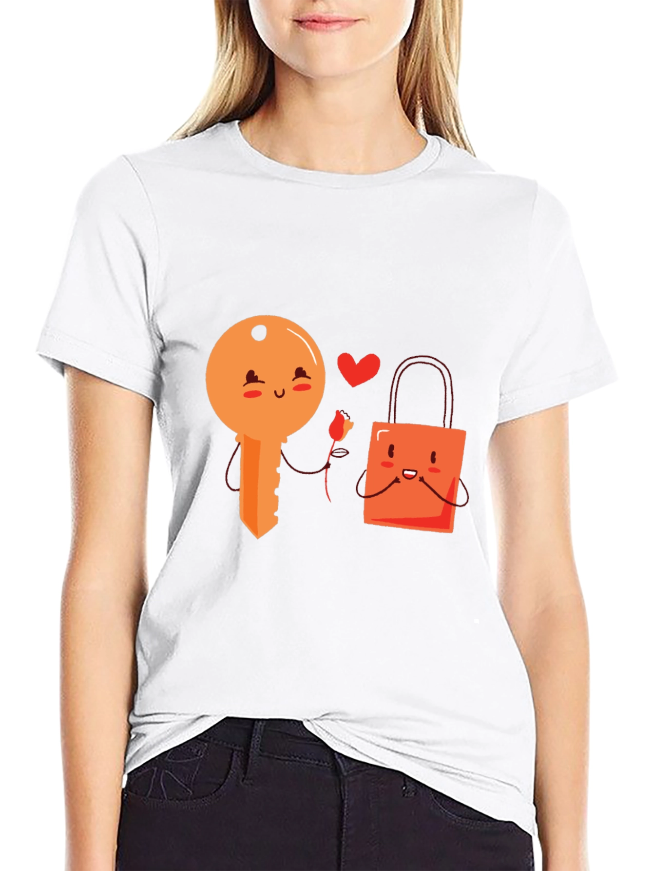 Cute Key and Lock Kawaii Cartoon Black T-Shirt