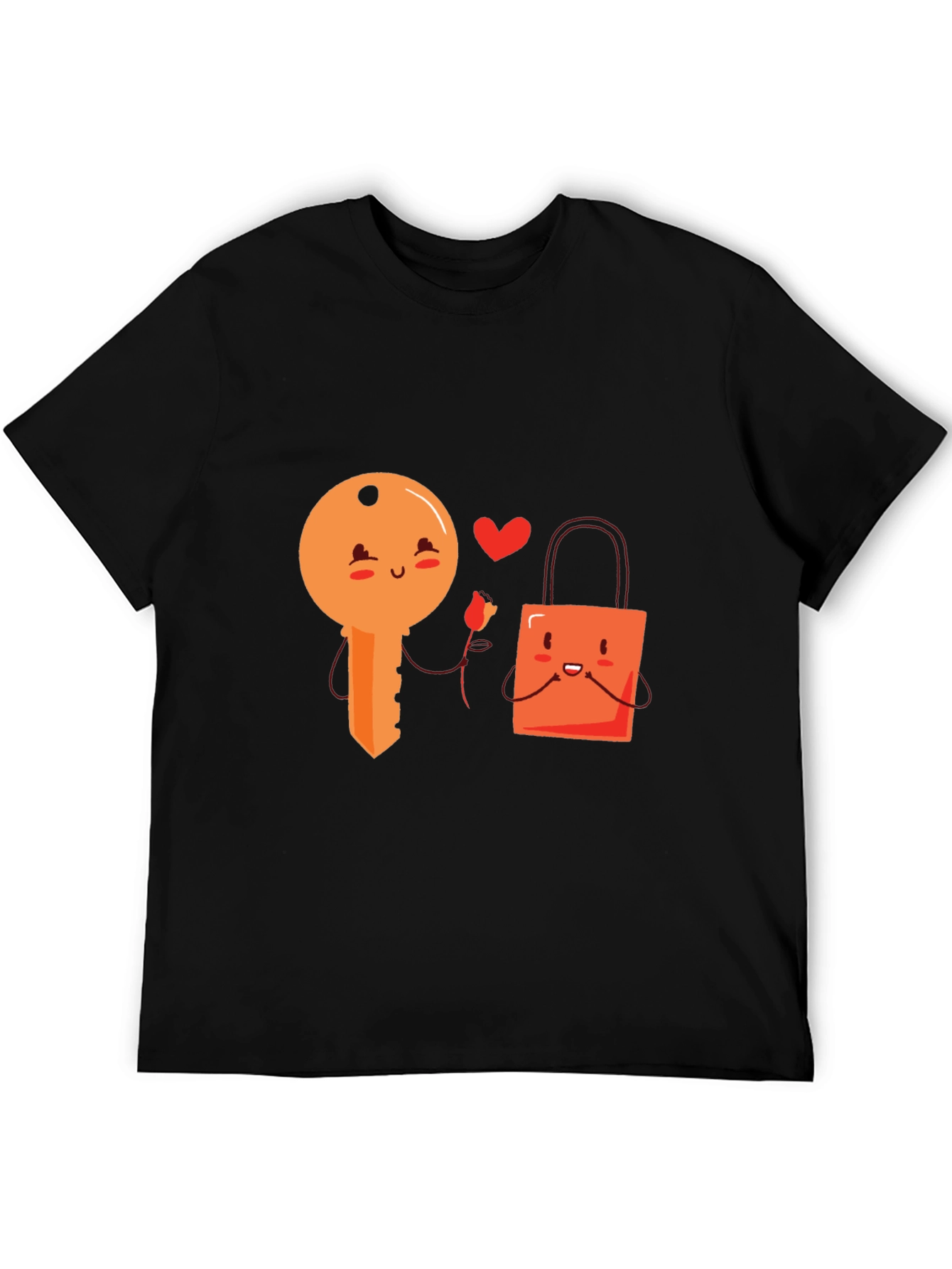 Cute Key and Lock Kawaii Cartoon Black T-Shirt