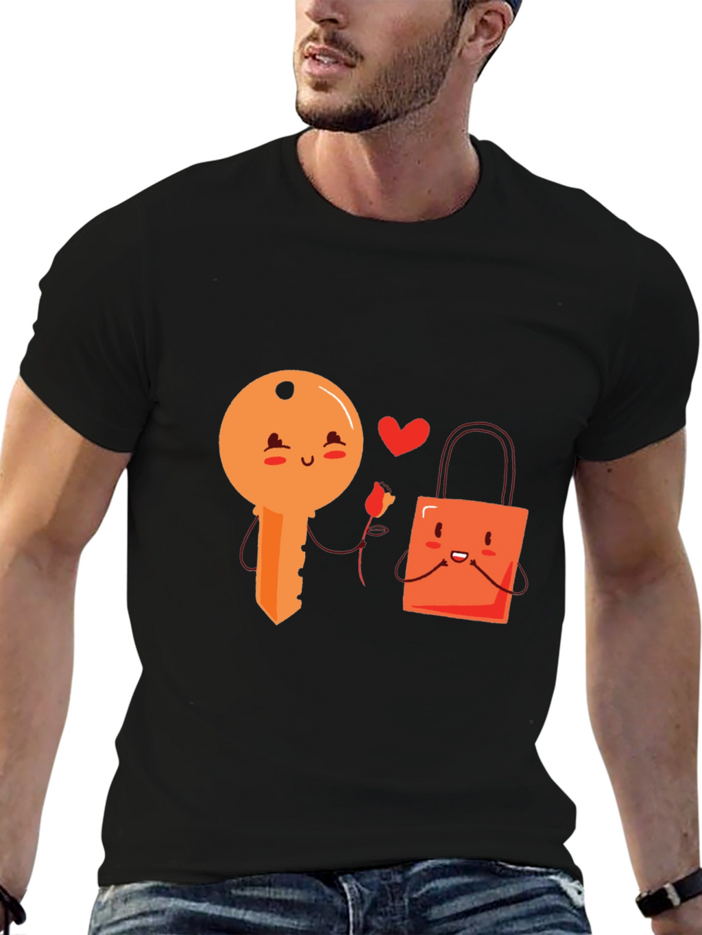 Cute Key and Lock Kawaii Cartoon Black T-Shirt