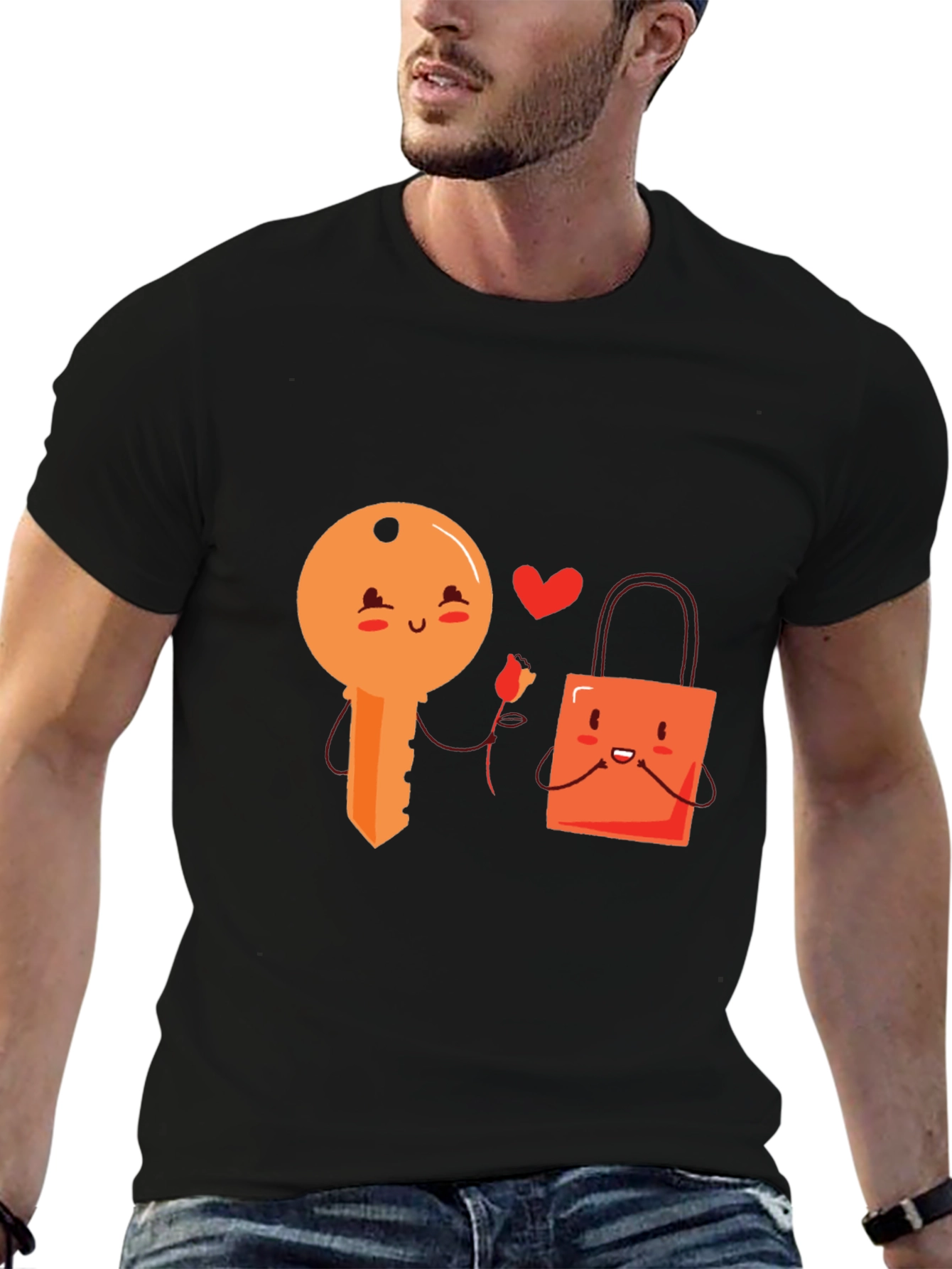 Cute Key and Lock Kawaii Cartoon Black T-Shirt