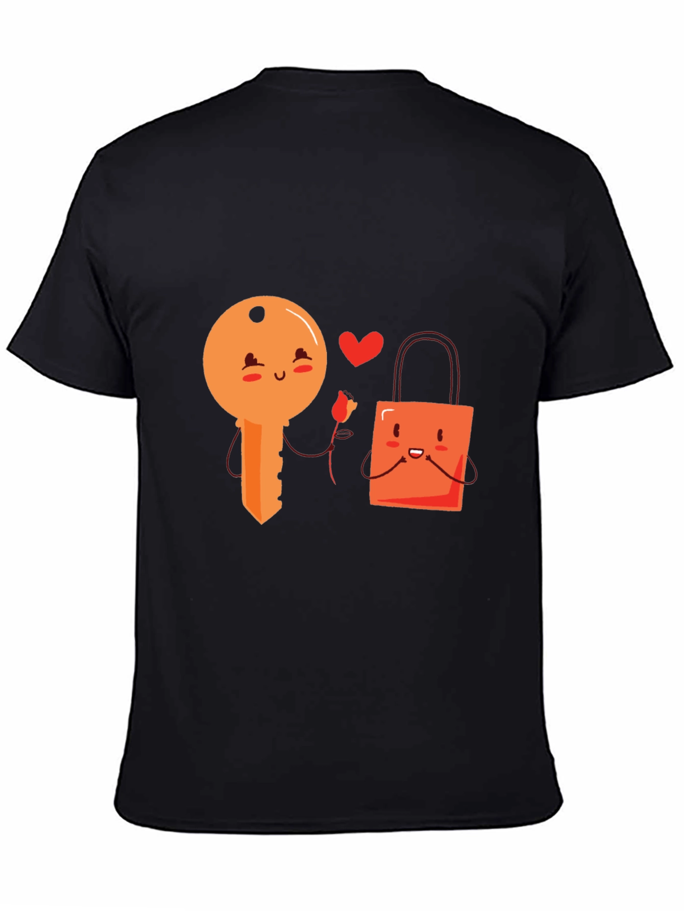 Cute Key and Lock Kawaii Cartoon Black T-Shirt