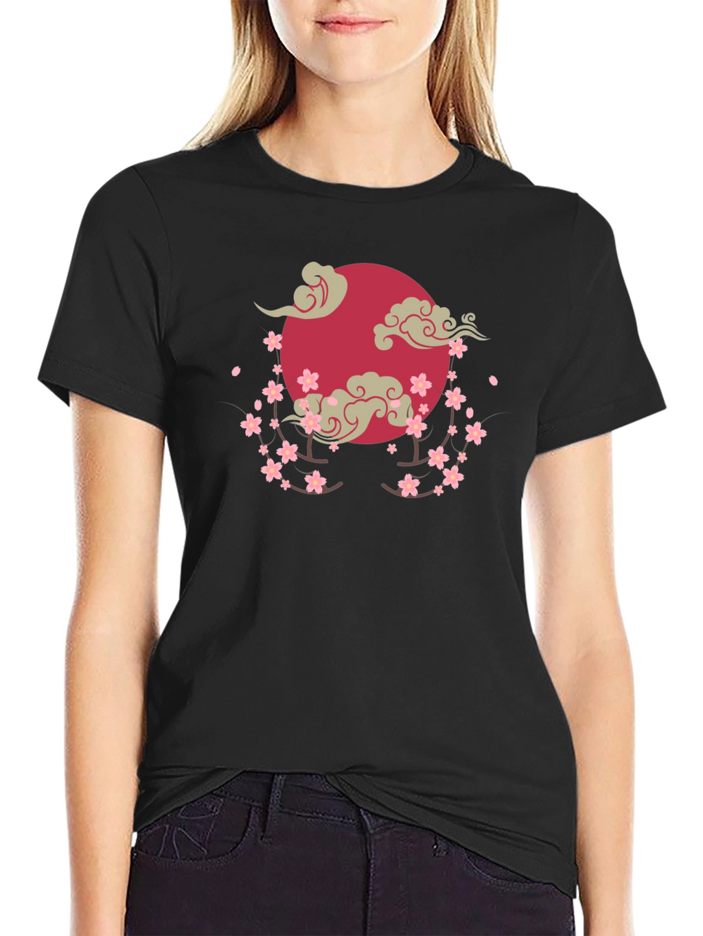 Cherry Blossom Moon Graphic T-Shirt - Black