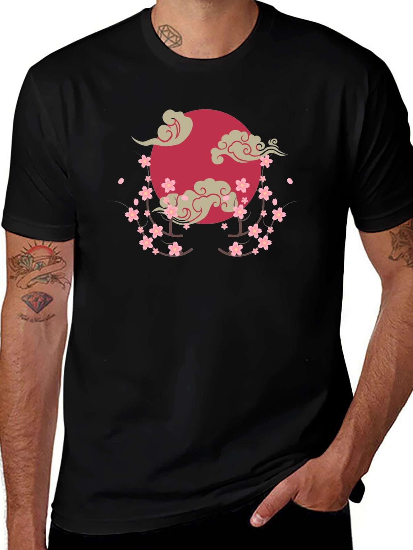 Cherry Blossom Moon Graphic T-Shirt - Black