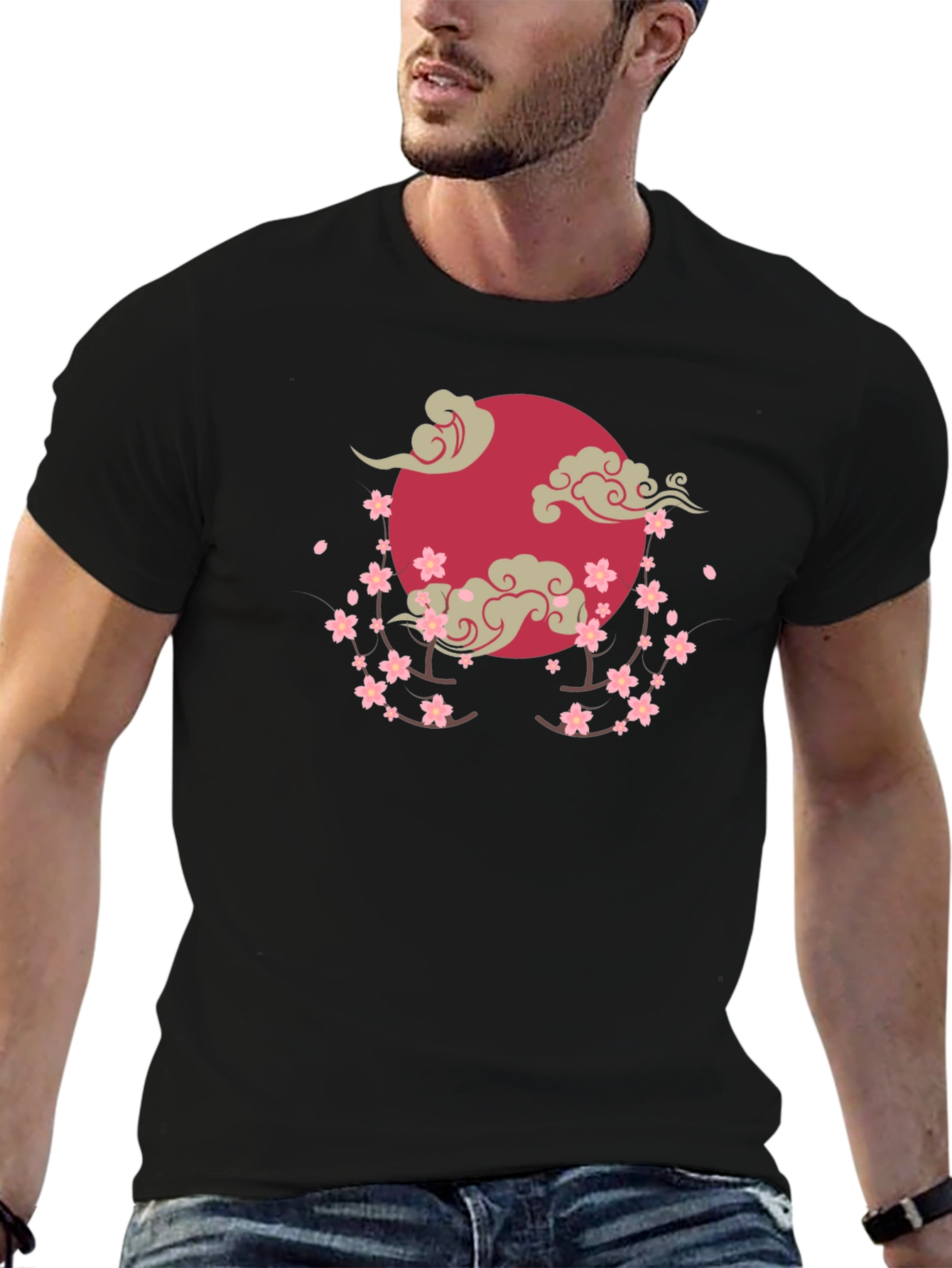 Cherry Blossom Moon Graphic T-Shirt - Black