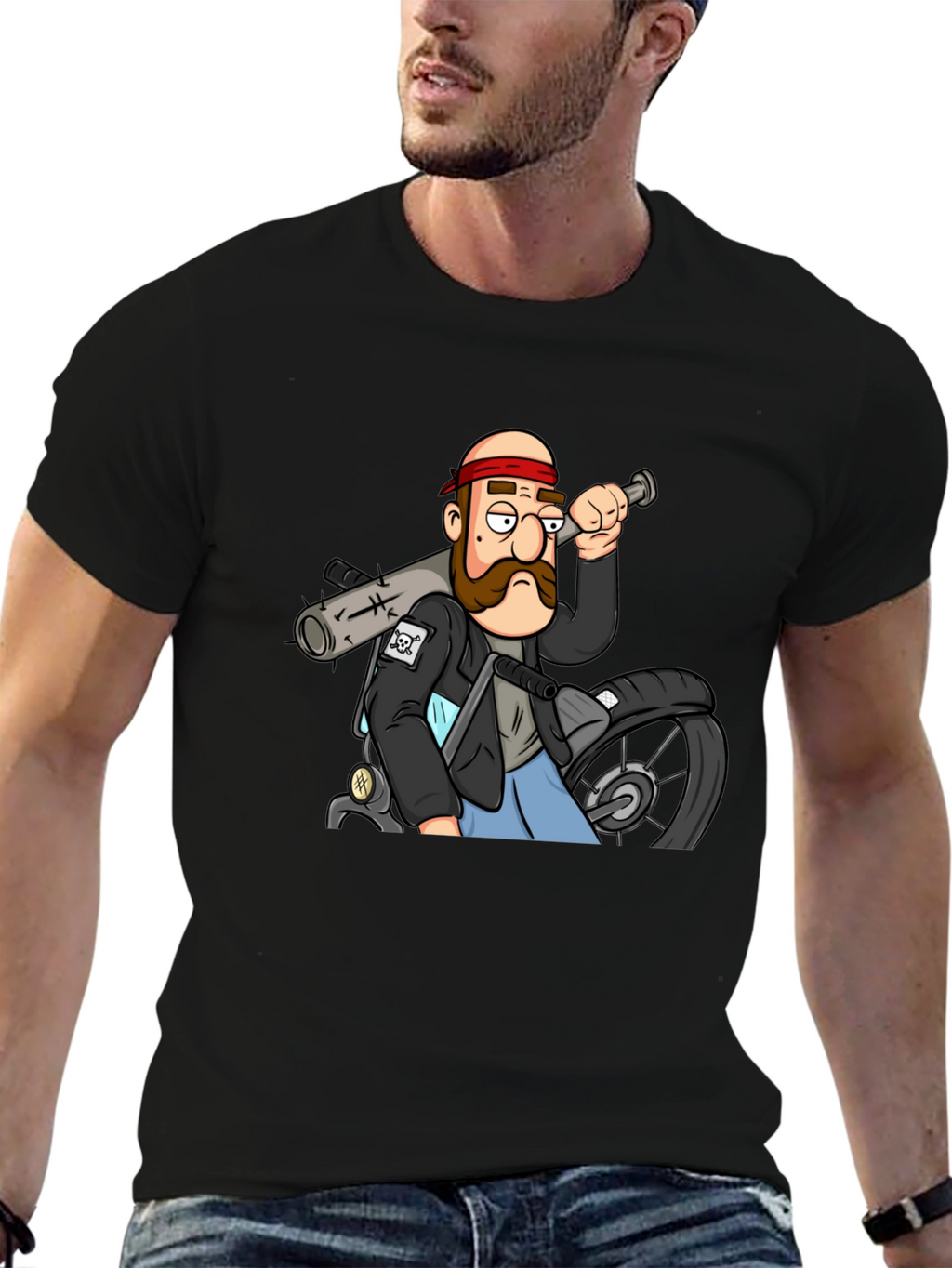 Biker Cartoon Graphic Black T-Shirt