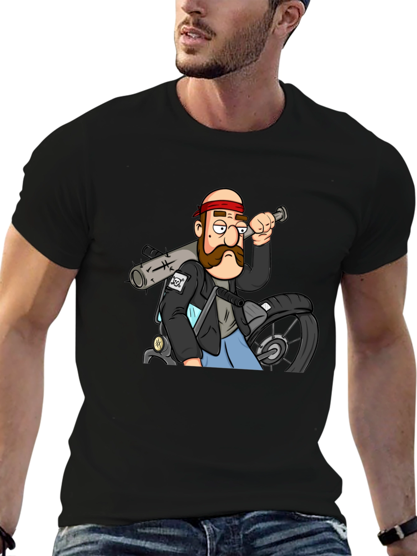 Biker Cartoon Graphic Black T-Shirt