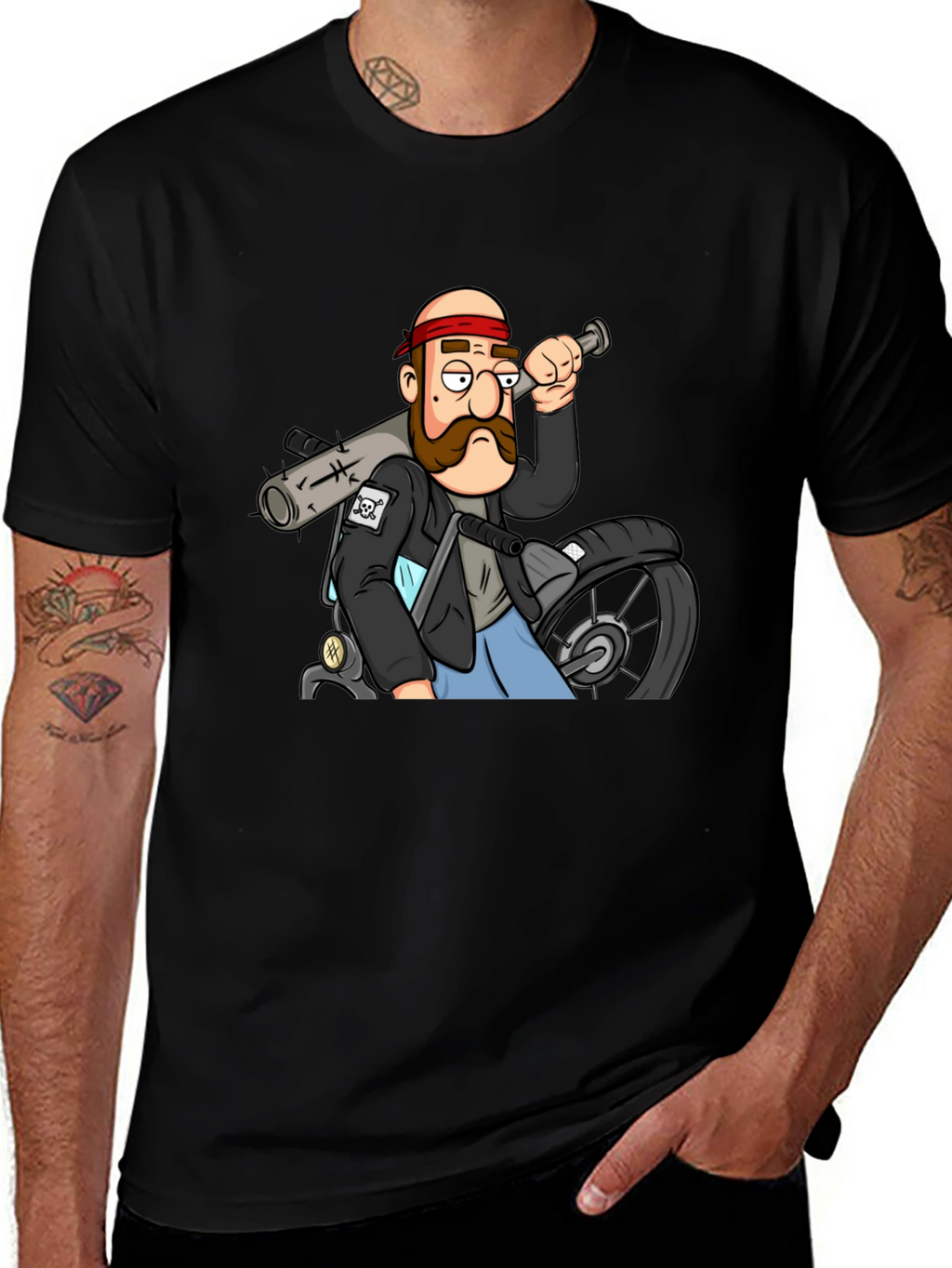 Biker Cartoon Graphic Black T-Shirt