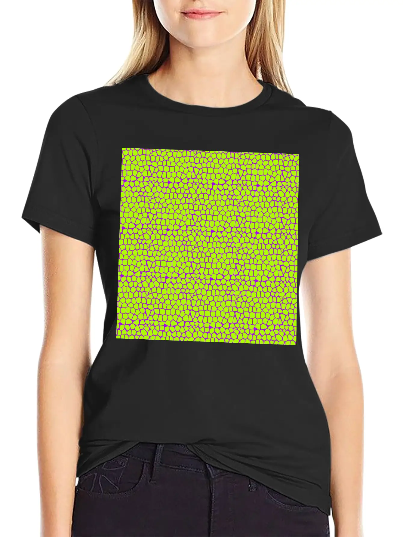 Neon Green Purple Giraffe Pattern Unisex Short Sleeve Soft Cotton T-Shirt – Casual Everyday Wear