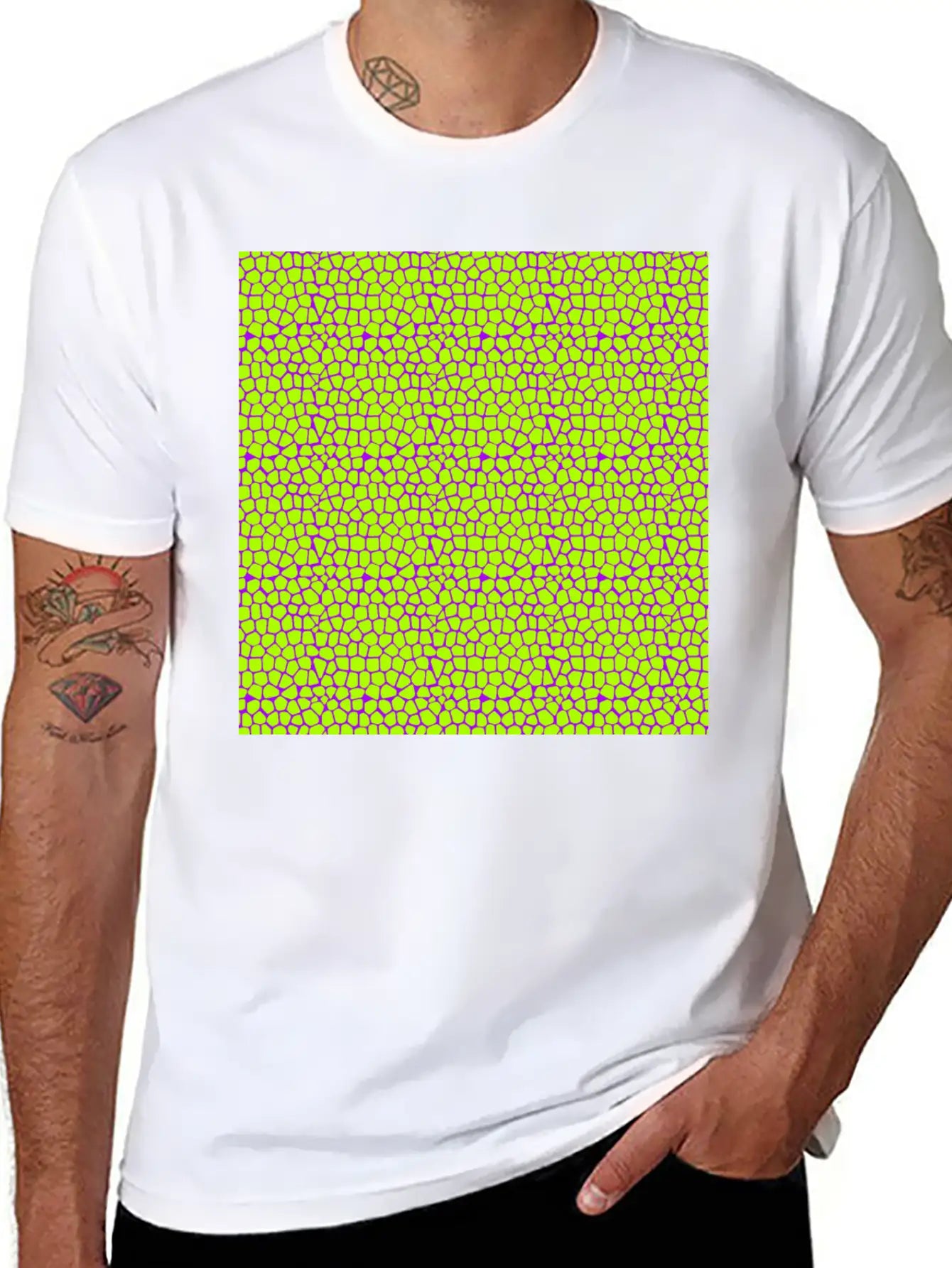 Neon Green Purple Giraffe Pattern Unisex Short Sleeve Soft Cotton T-Shirt – Casual Everyday Wear