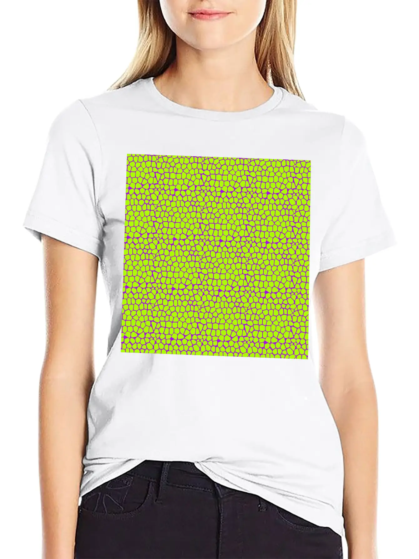 Neon Green Purple Giraffe Pattern Unisex Short Sleeve Soft Cotton T-Shirt – Casual Everyday Wear