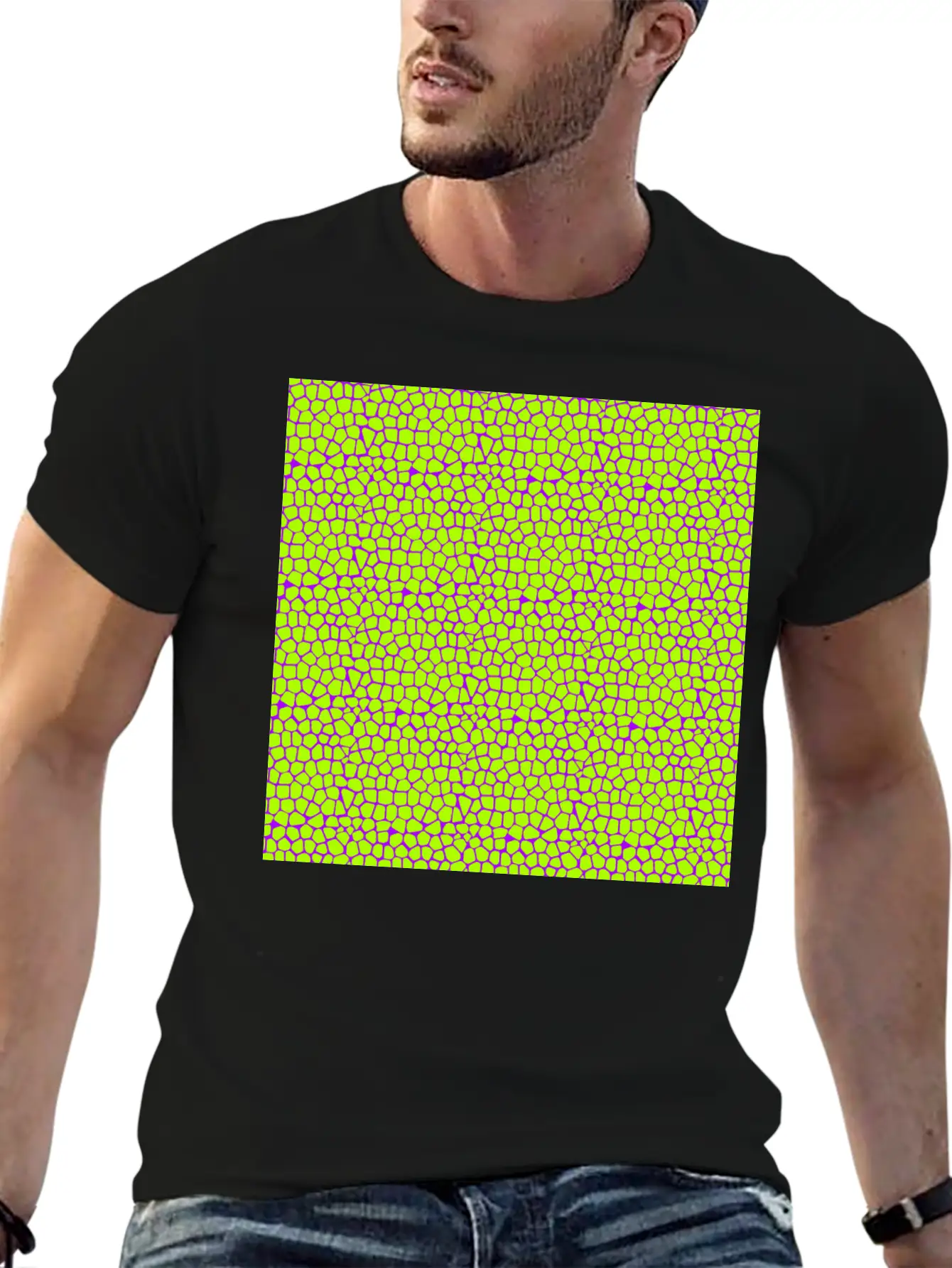 Neon Green Purple Giraffe Pattern Unisex Short Sleeve Soft Cotton T-Shirt – Casual Everyday Wear