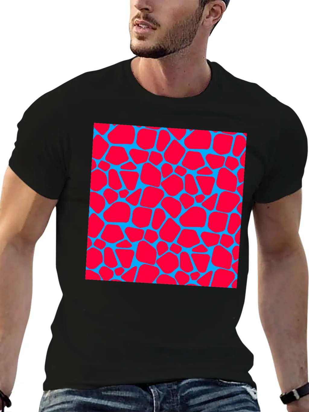 Neon Red Blue Giraffe Pattern Essential Cotton Tee For Daily Outfits – Unisex Style