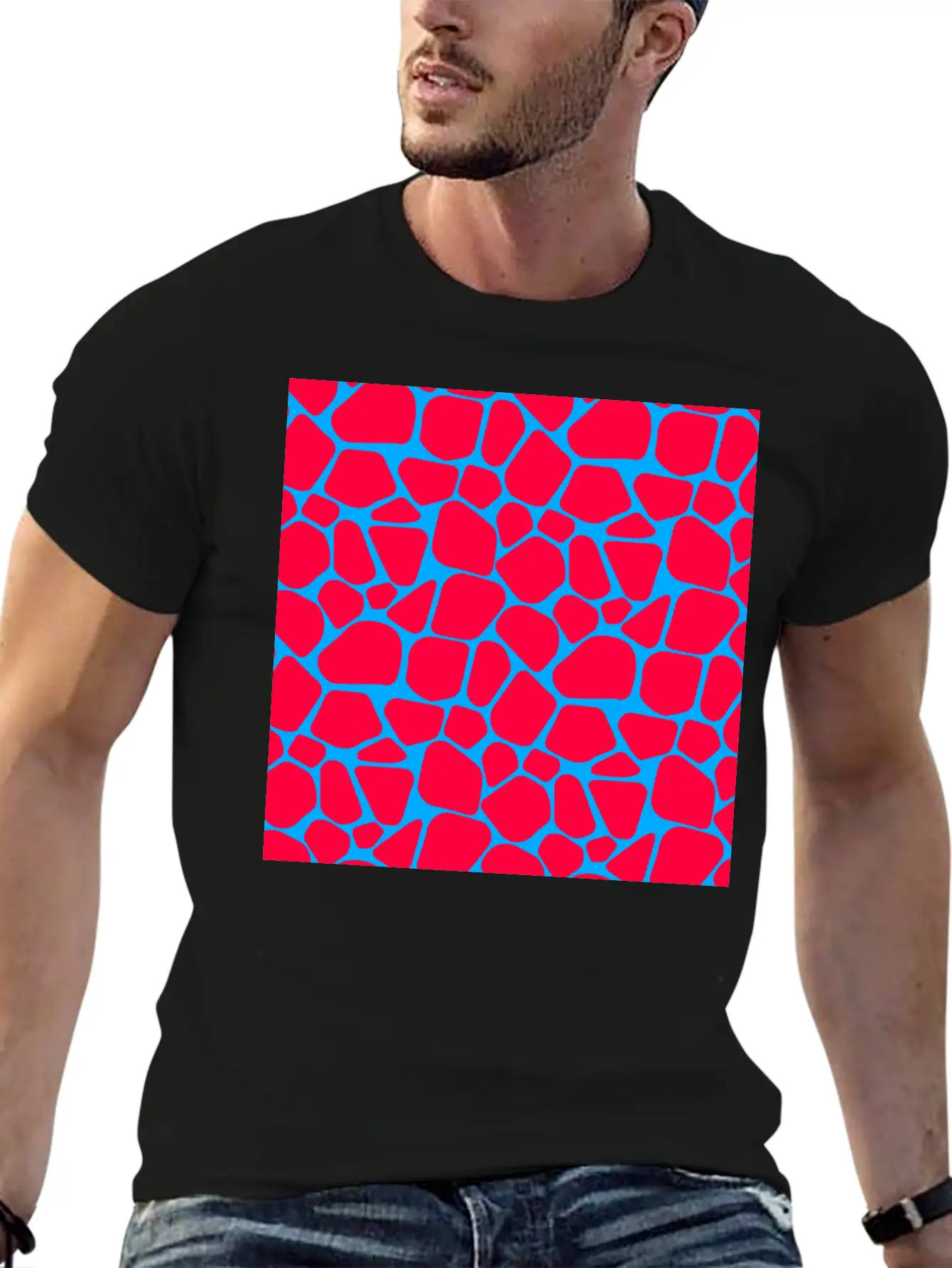 Neon Red Blue Giraffe Pattern Essential Cotton Tee For Daily Outfits – Unisex Style