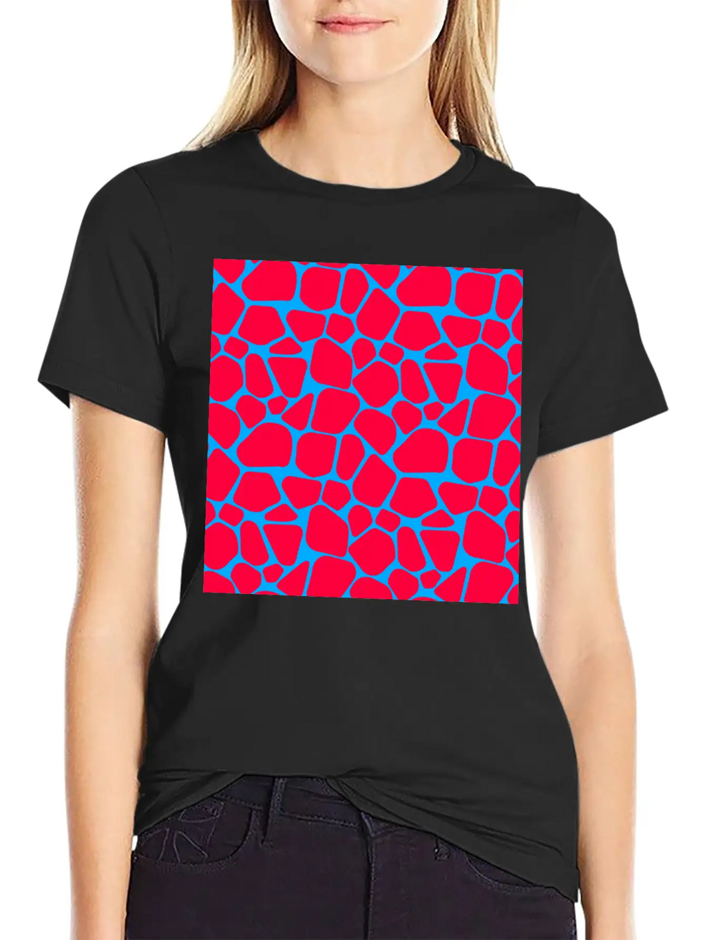 Neon Red Blue Giraffe Pattern Essential Cotton Tee For Daily Outfits – Unisex Style