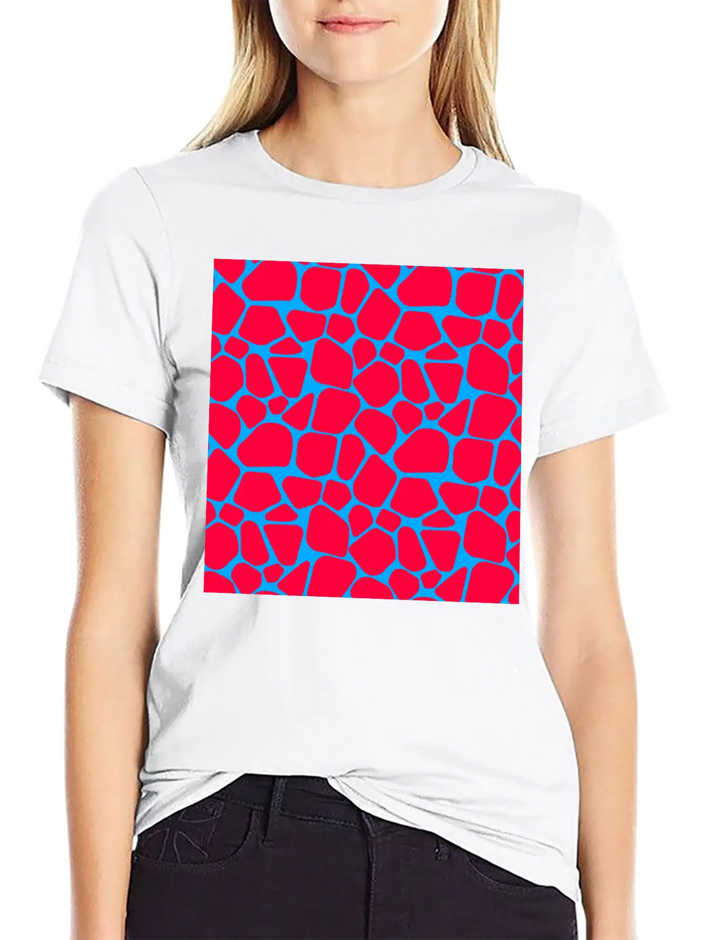 Neon Red Blue Giraffe Pattern Essential Cotton Tee For Daily Outfits – Unisex Style