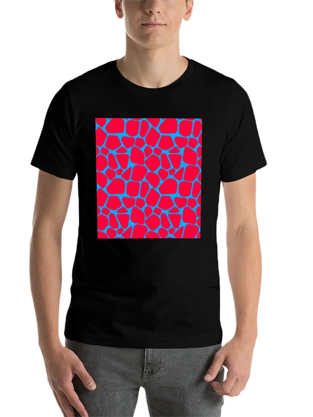 Neon Red Blue Giraffe Pattern Essential Cotton Tee For Daily Outfits – Unisex Style