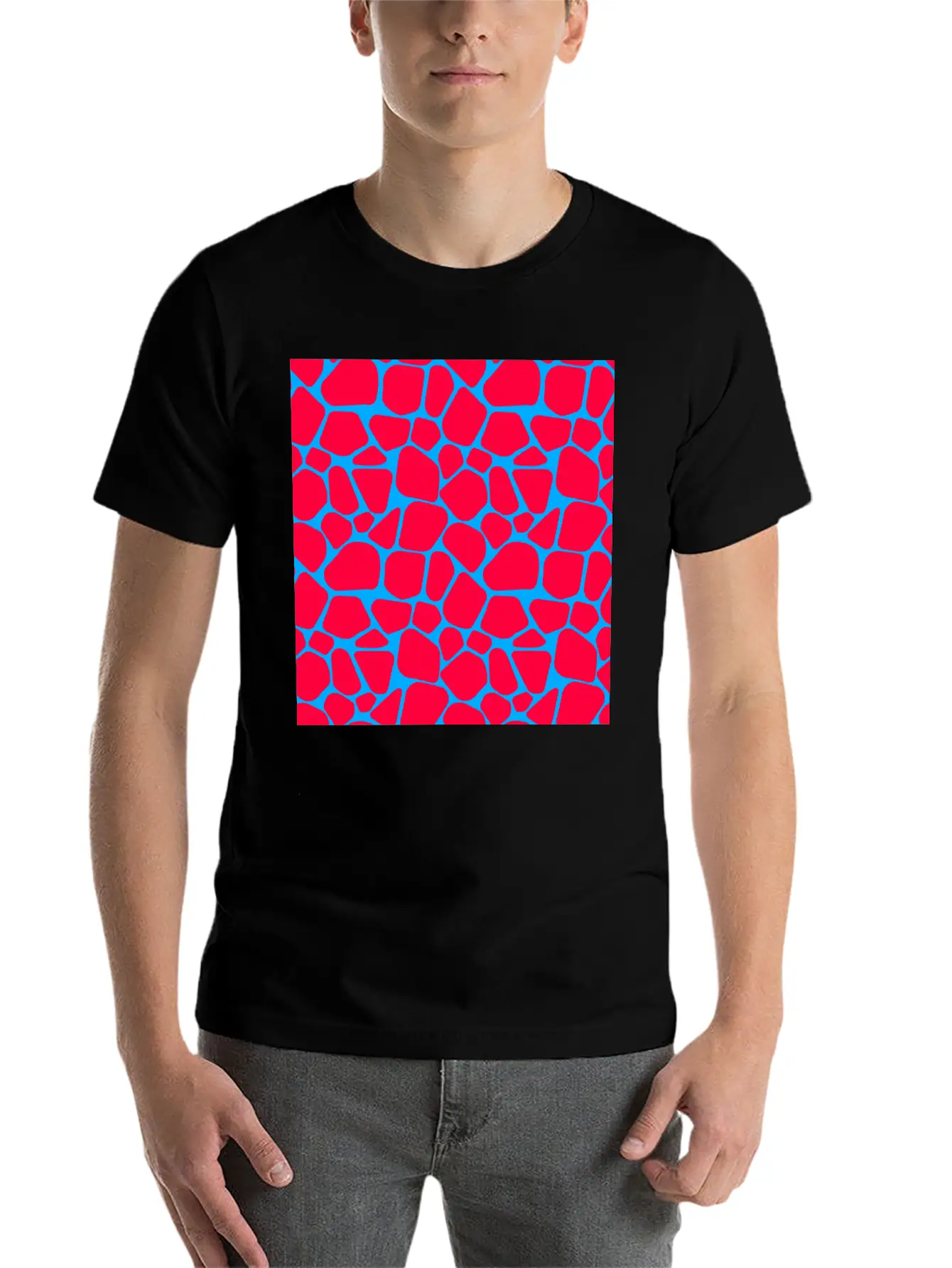 Neon Red Blue Giraffe Pattern Essential Cotton Tee For Daily Outfits – Unisex Style