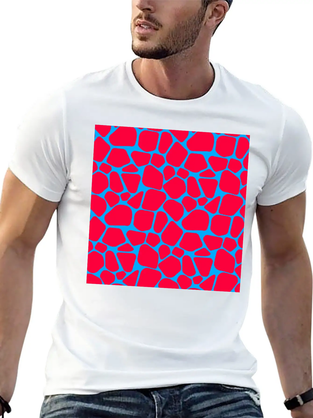 Neon Red Blue Giraffe Pattern Essential Cotton Tee For Daily Outfits – Unisex Style