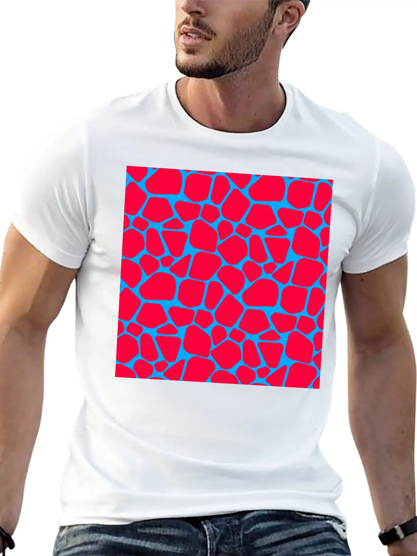 Neon Red Blue Giraffe Pattern Essential Cotton Tee For Daily Outfits – Unisex Style