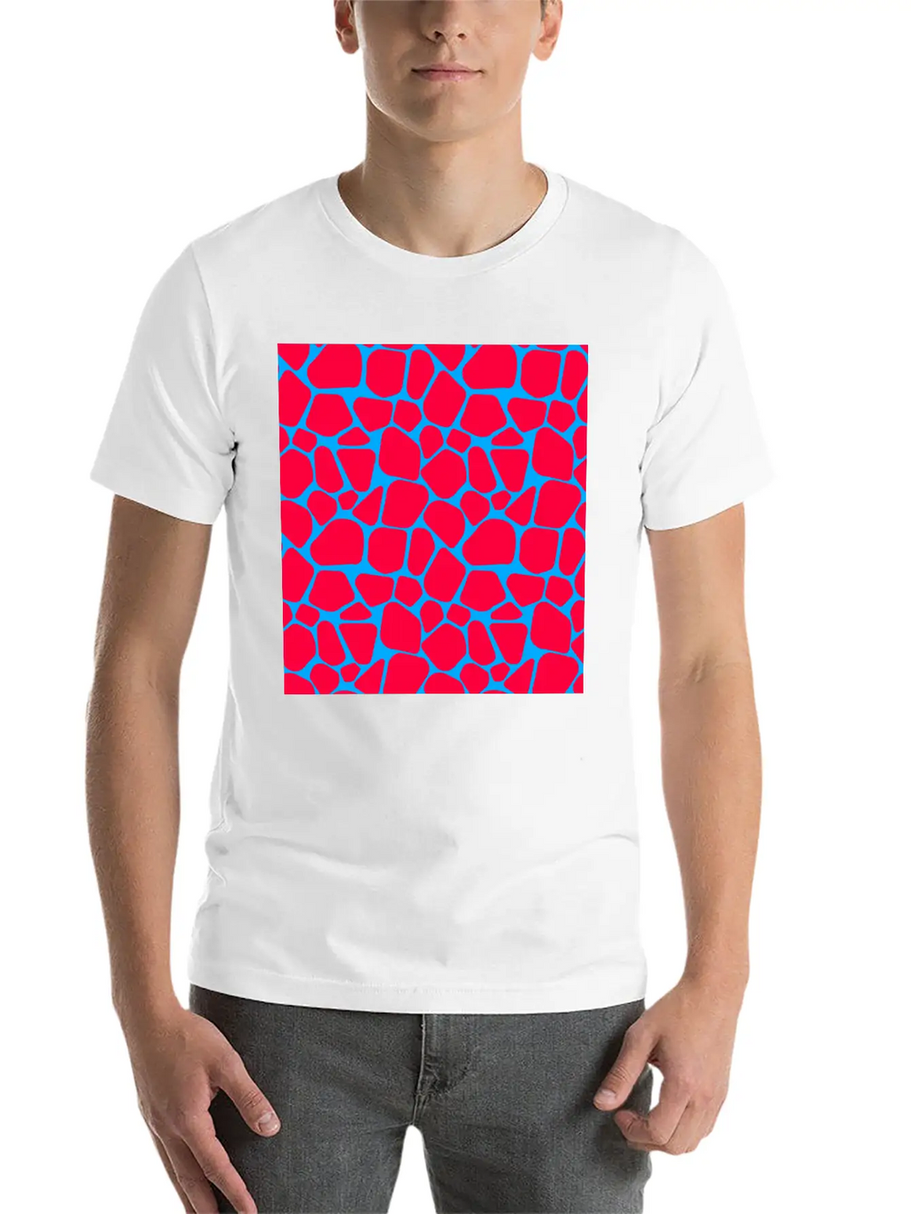 Neon Red Blue Giraffe Pattern Essential Cotton Tee For Daily Outfits – Unisex Style