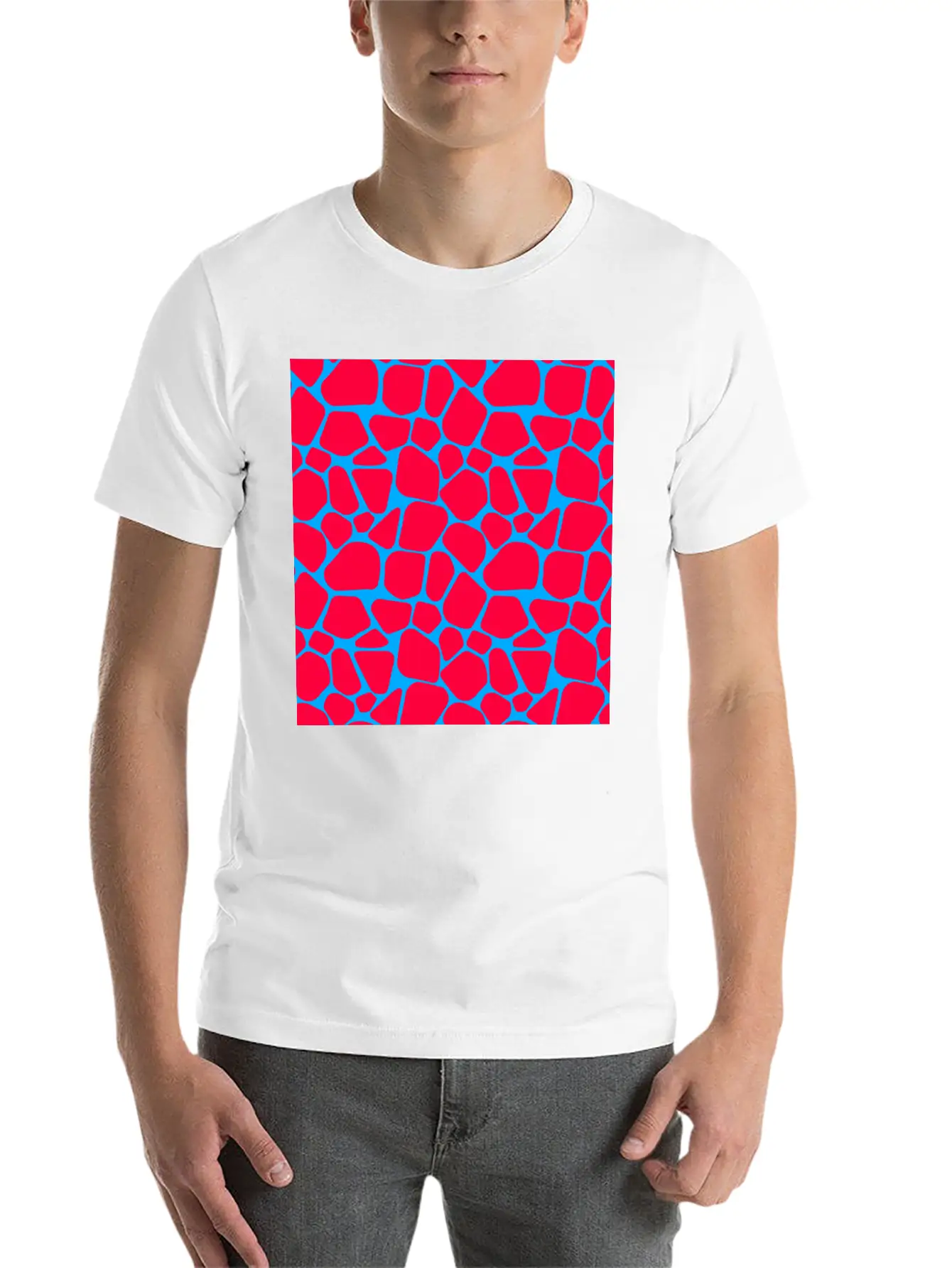 Neon Red Blue Giraffe Pattern Essential Cotton Tee For Daily Outfits – Unisex Style