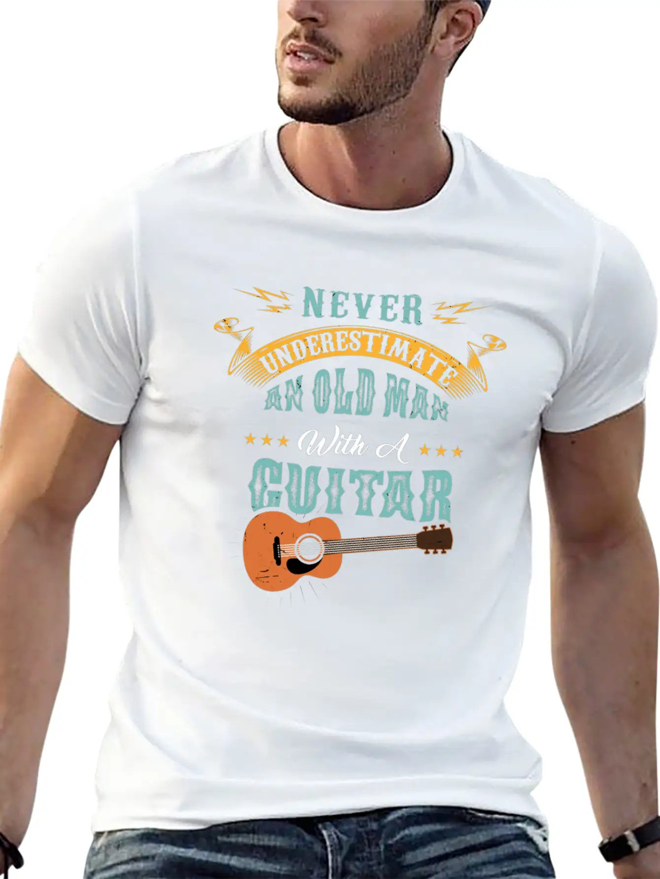 Never Underestimate An Old Man With A Guitar Gift Stylish Everyday T-Shirt – Unisex Basic Cotton Tee