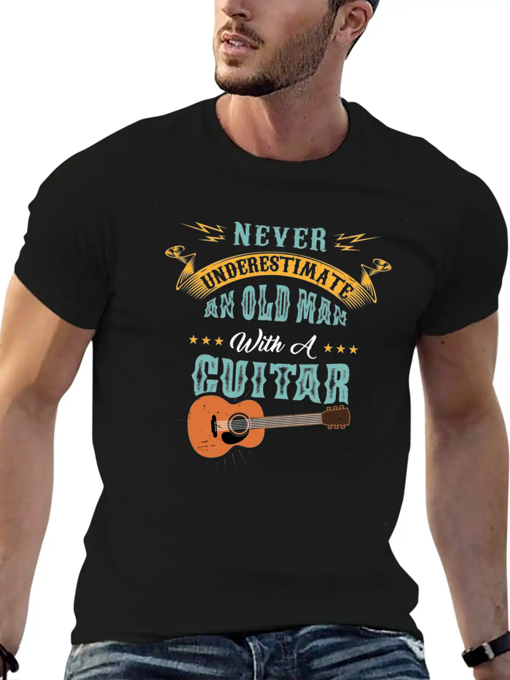 Never Underestimate An Old Man With A Guitar Gift Stylish Everyday T-Shirt – Unisex Basic Cotton Tee