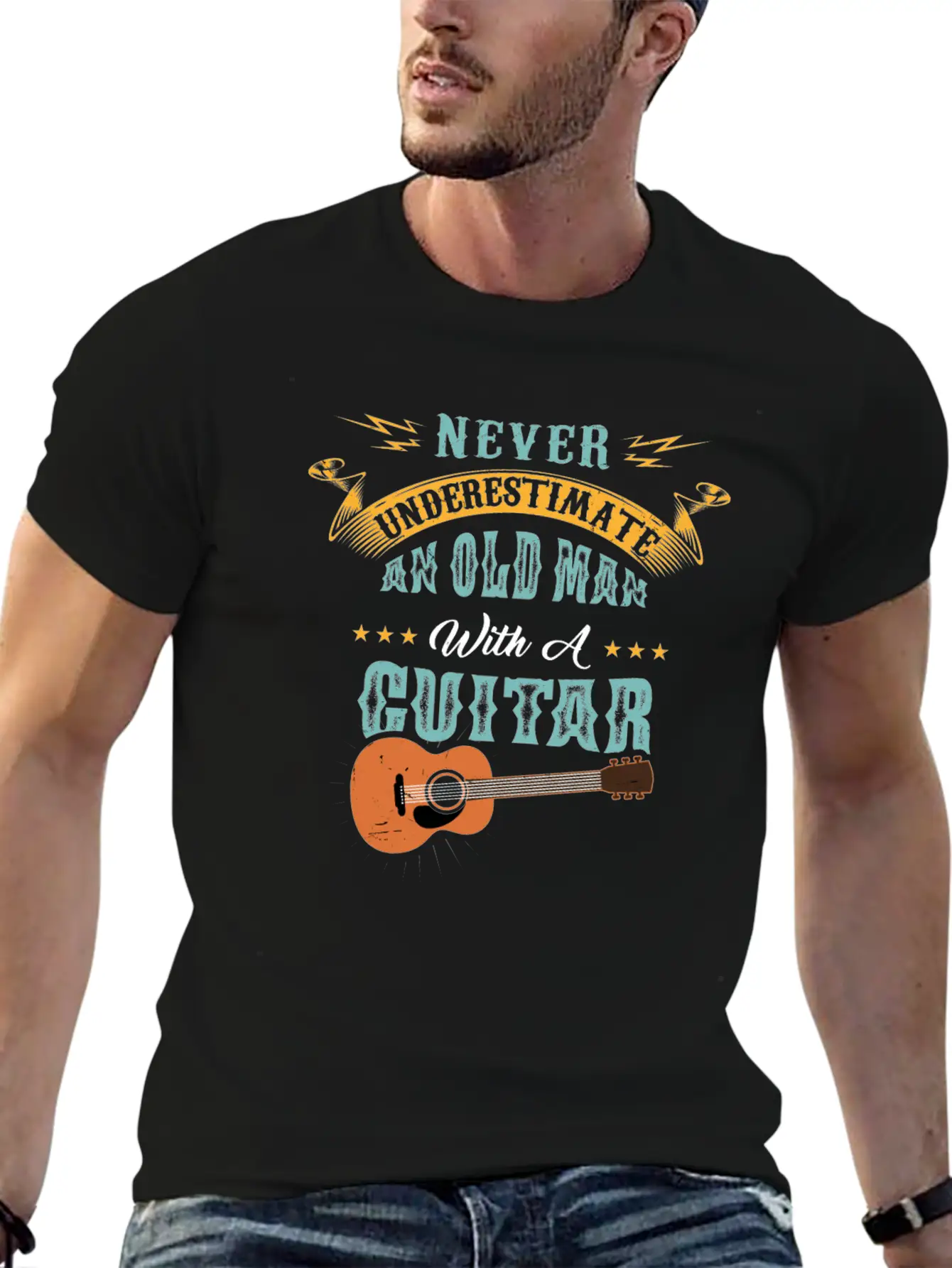 Never Underestimate An Old Man With A Guitar Gift Stylish Everyday T-Shirt – Unisex Basic Cotton Tee
