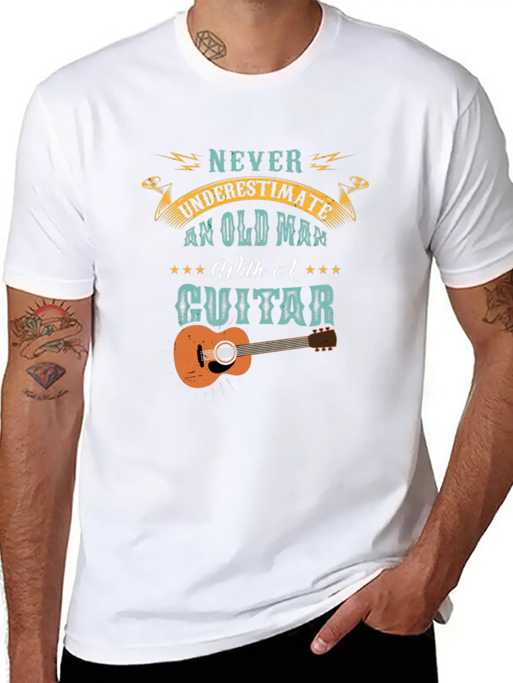 Never Underestimate An Old Man With A Guitar Gift Stylish Everyday T-Shirt – Unisex Basic Cotton Tee