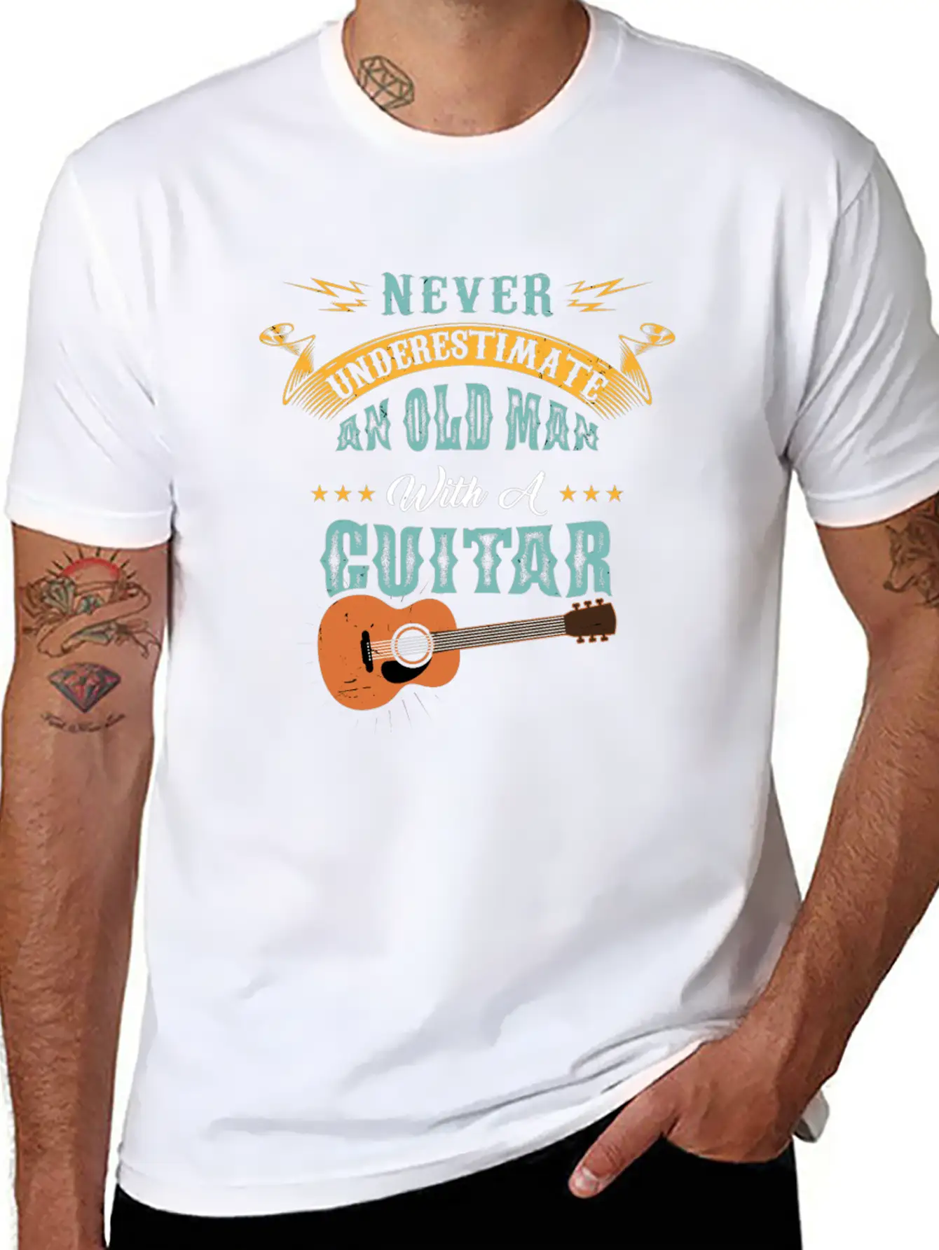 Never Underestimate An Old Man With A Guitar Gift Stylish Everyday T-Shirt – Unisex Basic Cotton Tee