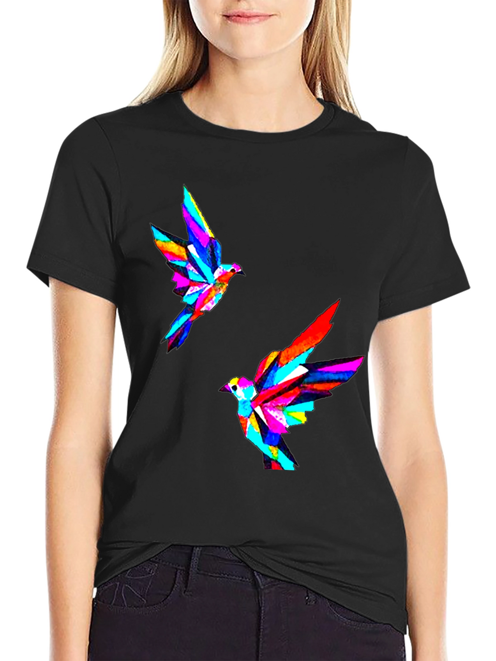 Geometric Bird Print Black T-Shirt