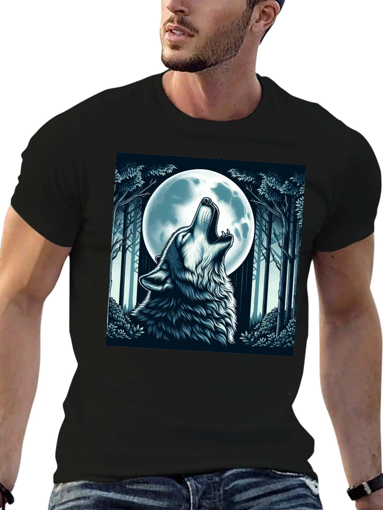 Wolf Howling at Moon Graphic Tee - Black