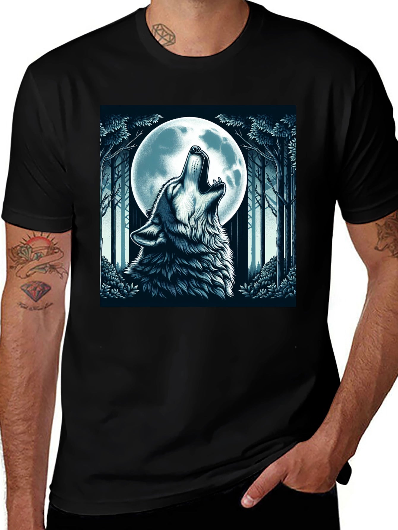 Wolf Howling at Moon Graphic Tee - Black