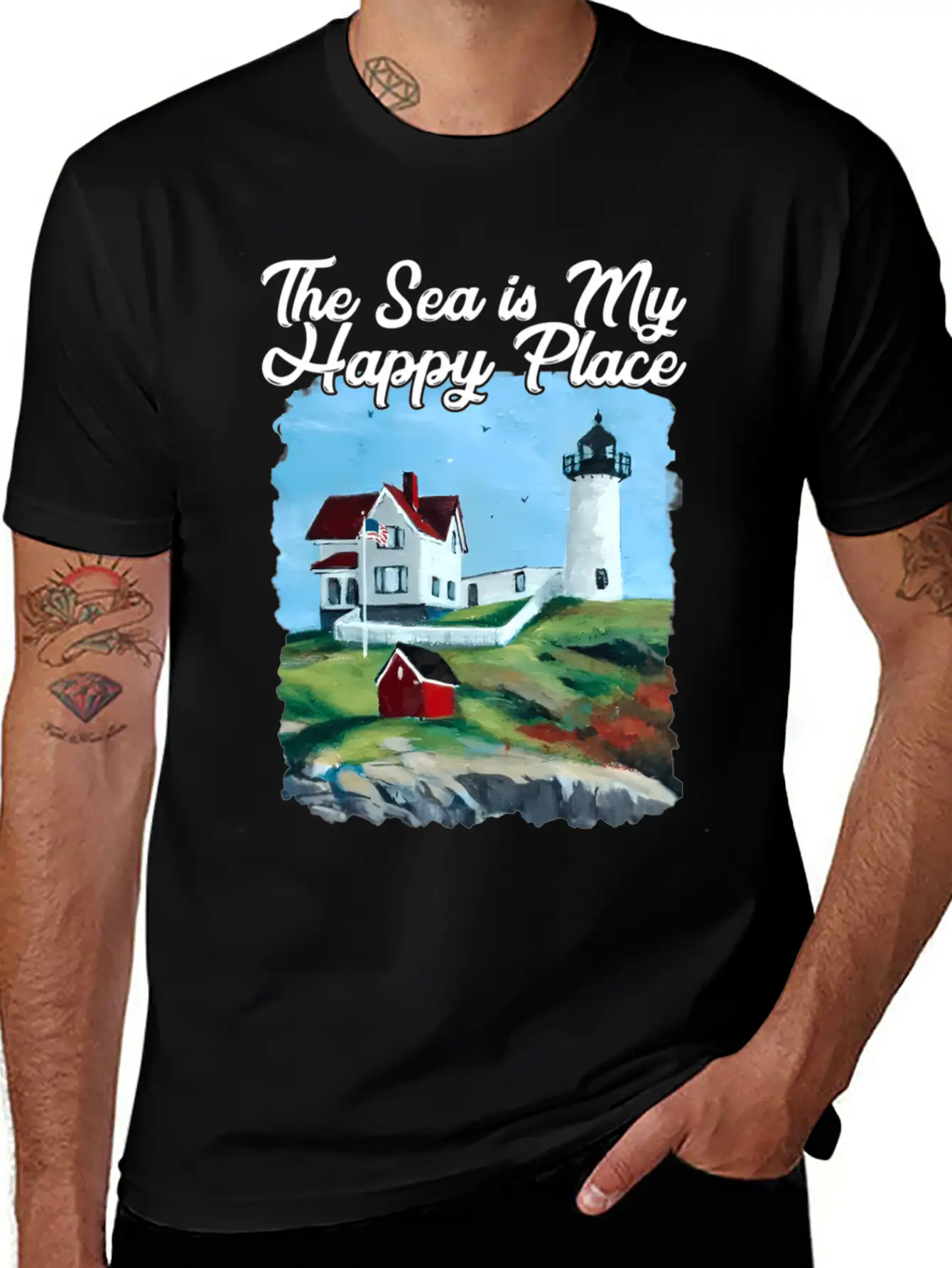 Nubble Lighthouse Maine Lighthouse Painting Summer Unisex Short Sleeve Soft Cotton T-Shirt – Casual Everyday Wear