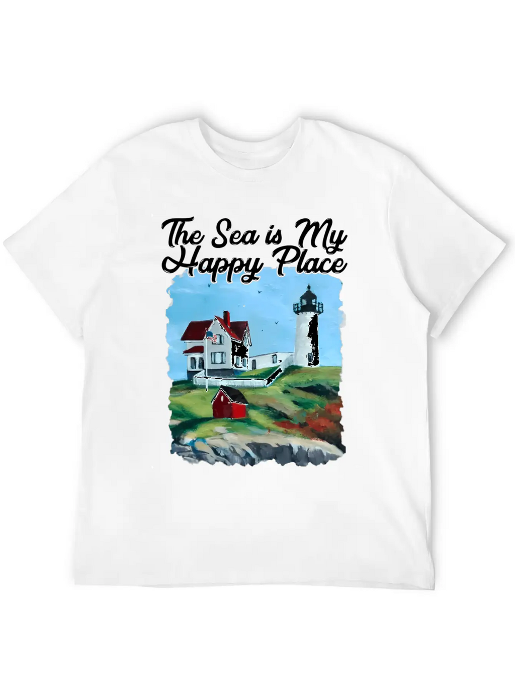 Nubble Lighthouse Maine Lighthouse Painting Summer Unisex Short Sleeve Soft Cotton T-Shirt – Casual Everyday Wear